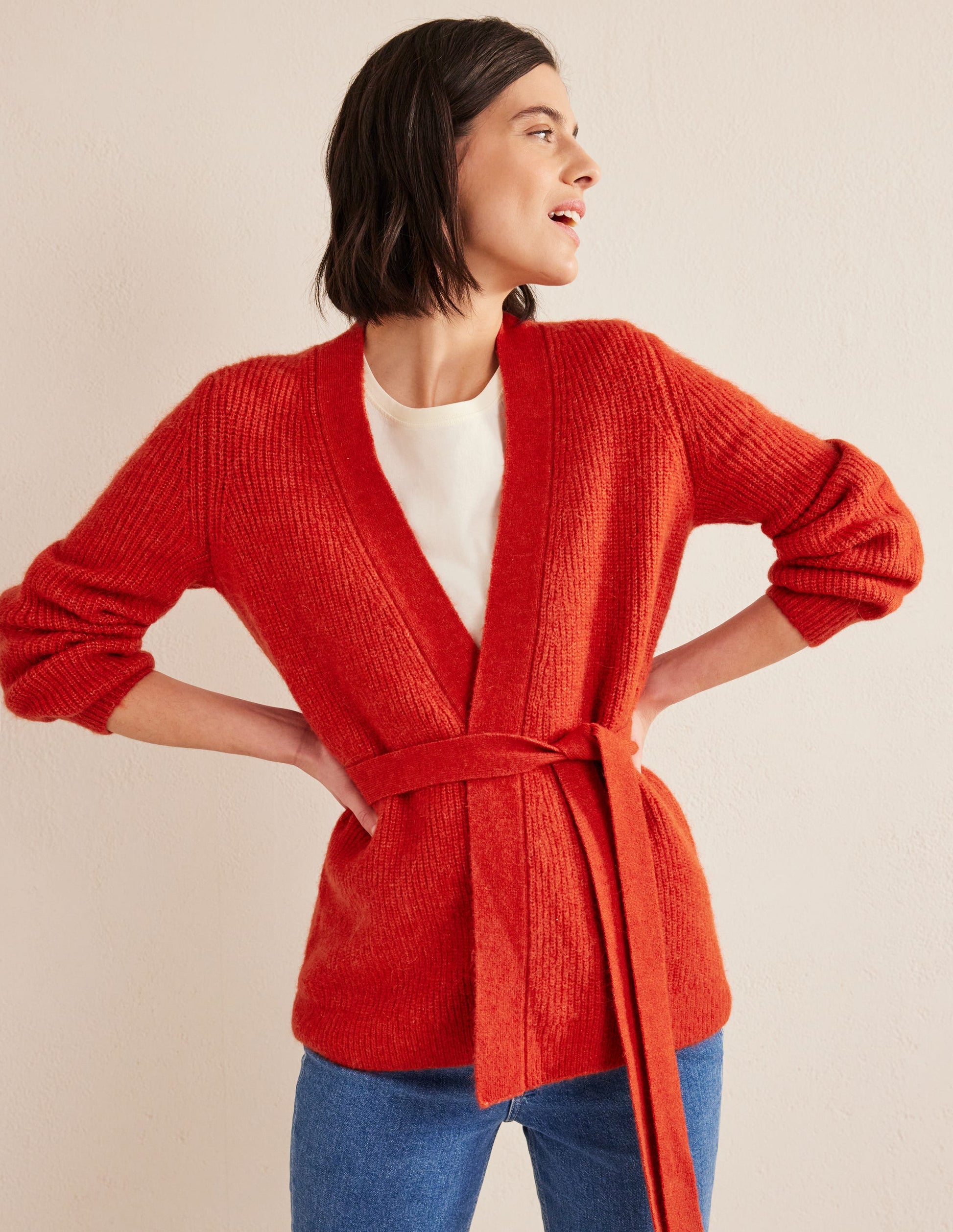Flauschiger Cardigan mit Gürtel-Tomatenrot-4