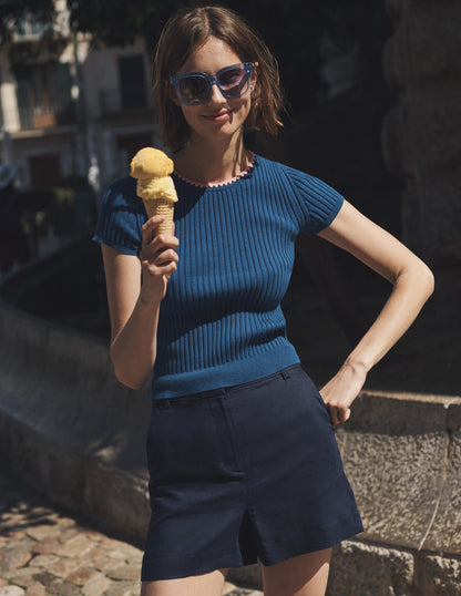Strick-T-Shirt mit Häkelrand-Saphirblau