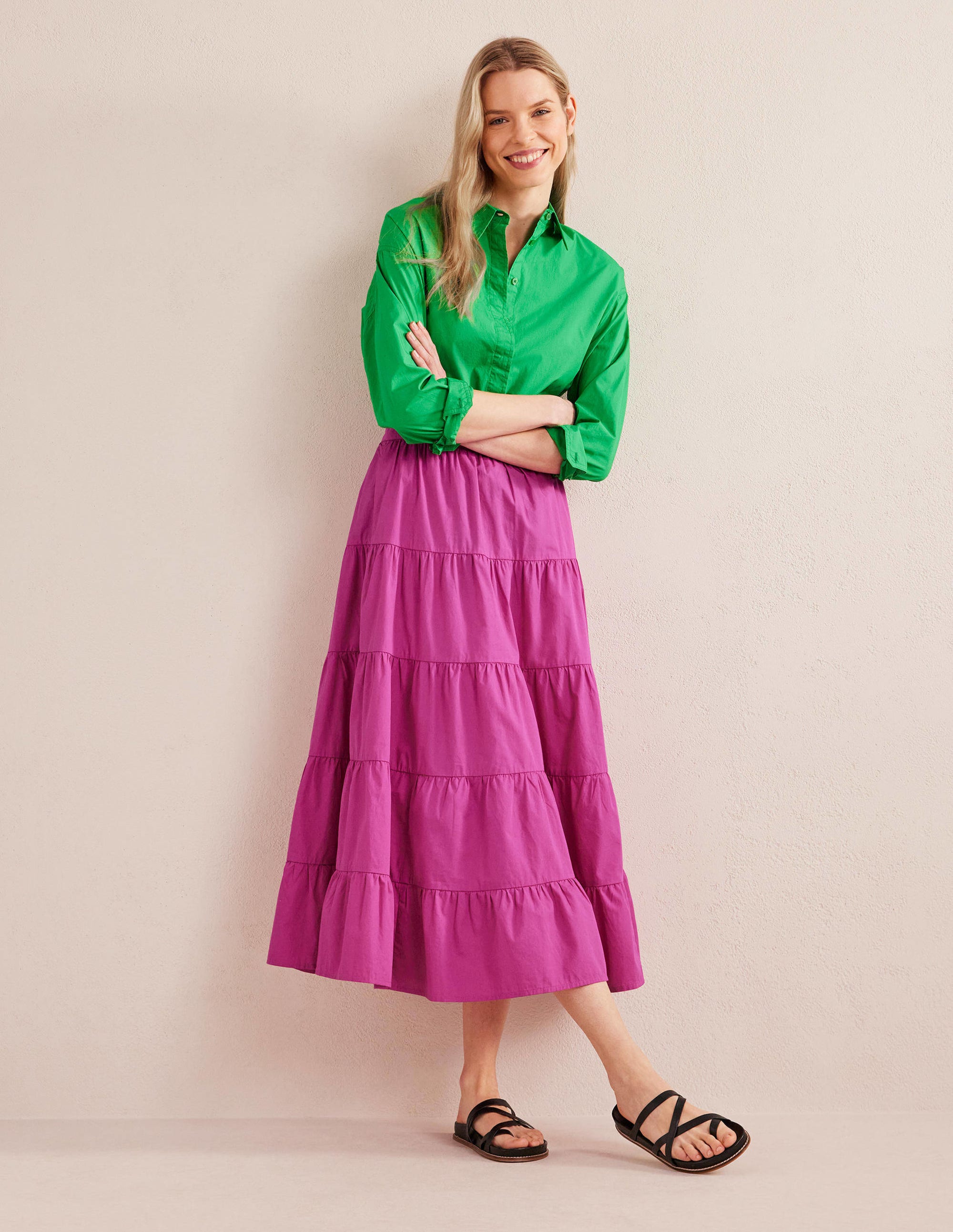 Jupe midi volantée en popeline-Rose violette - Image 1