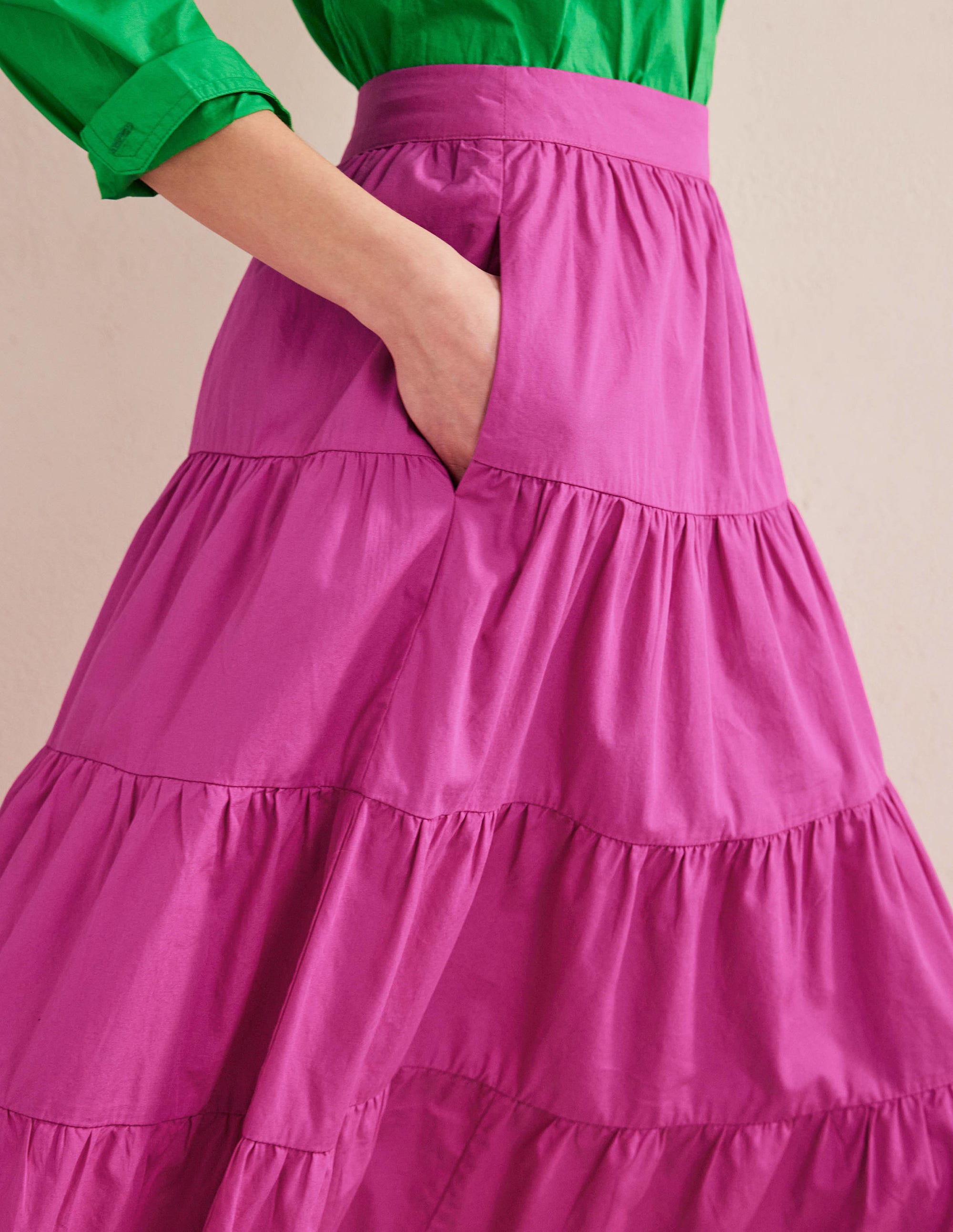 Jupe midi volantée en popeline-Rose violette - Image 2