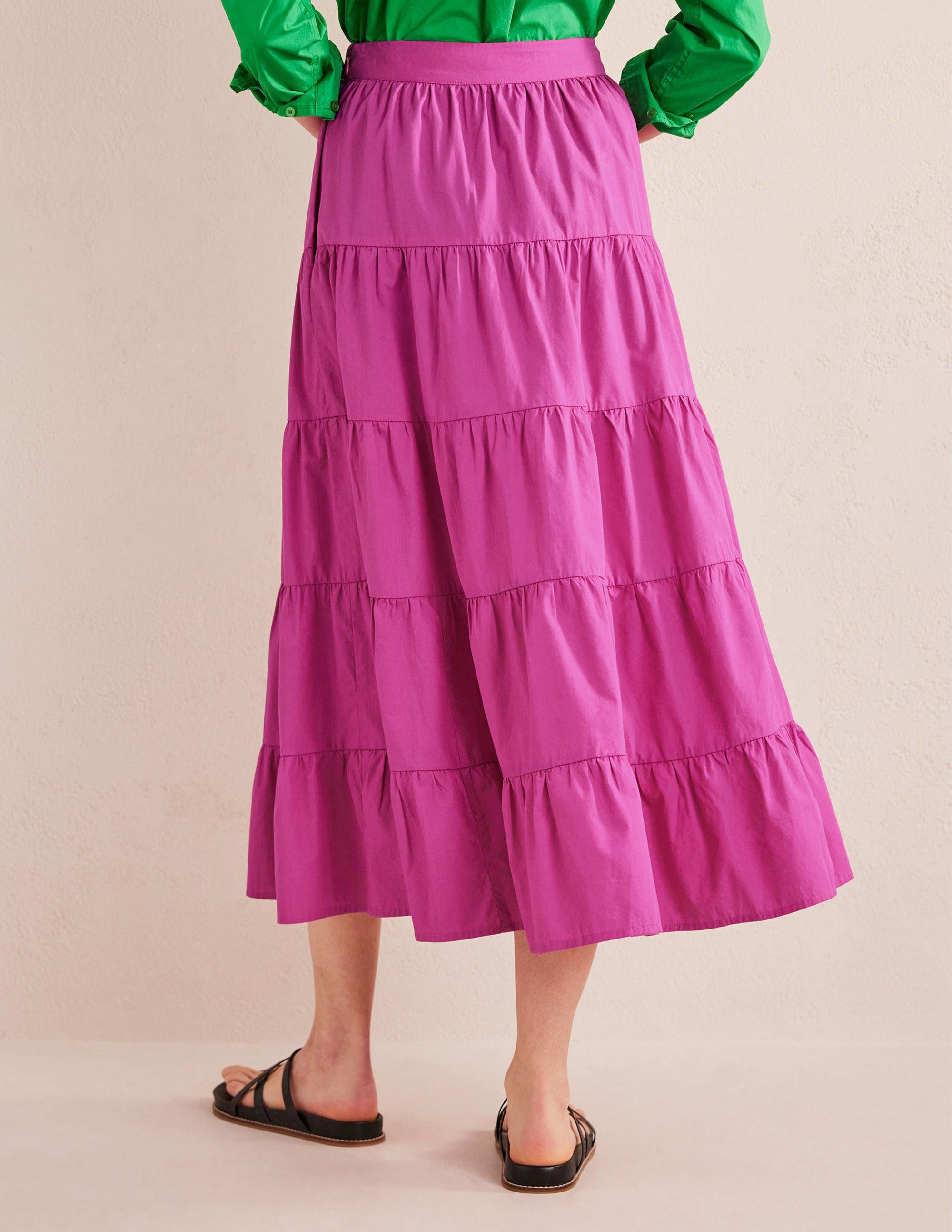 Jupe midi volantée en popeline-Rose violette - Image 3