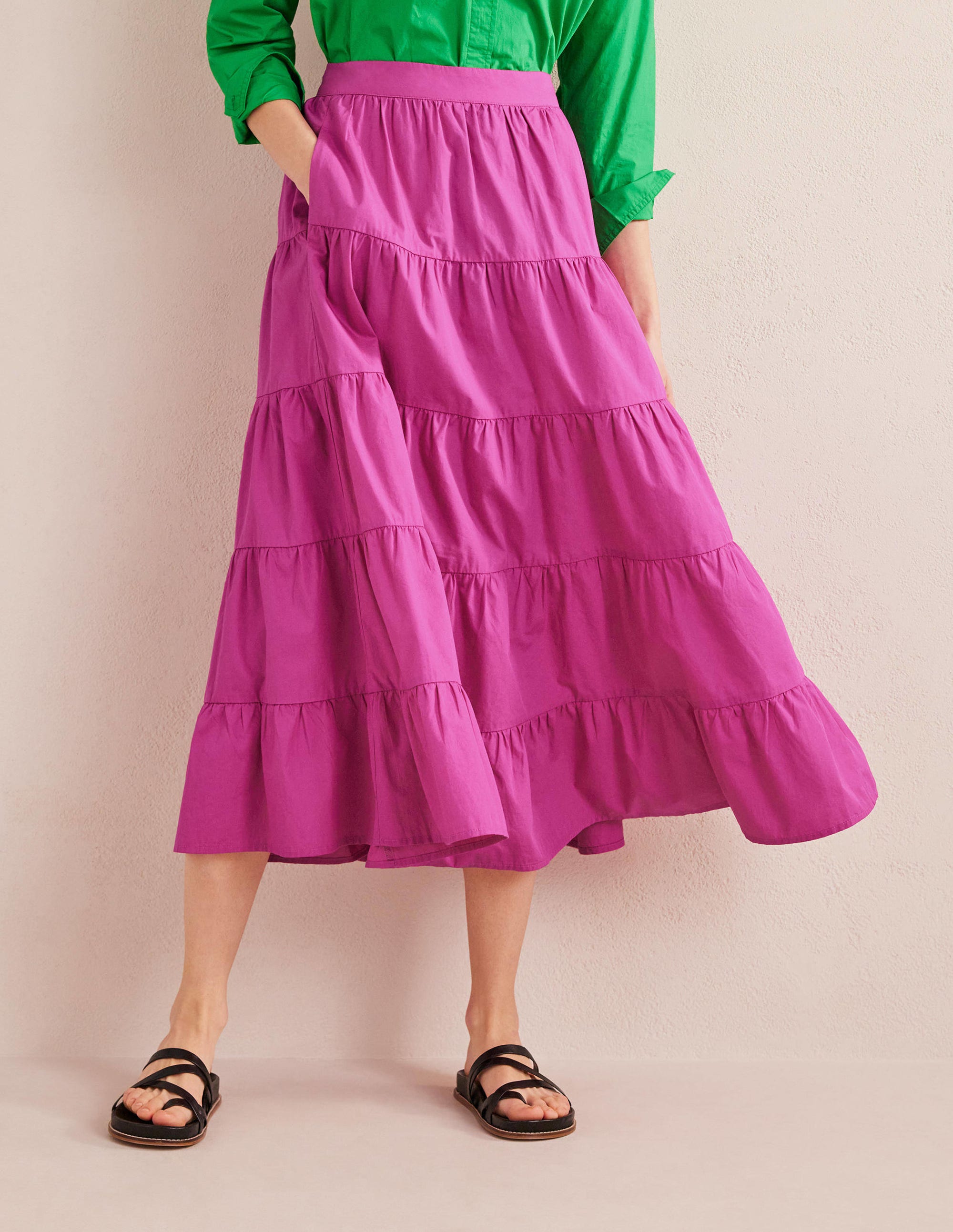 Jupe midi volantée en popeline-Rose violette - Image 4