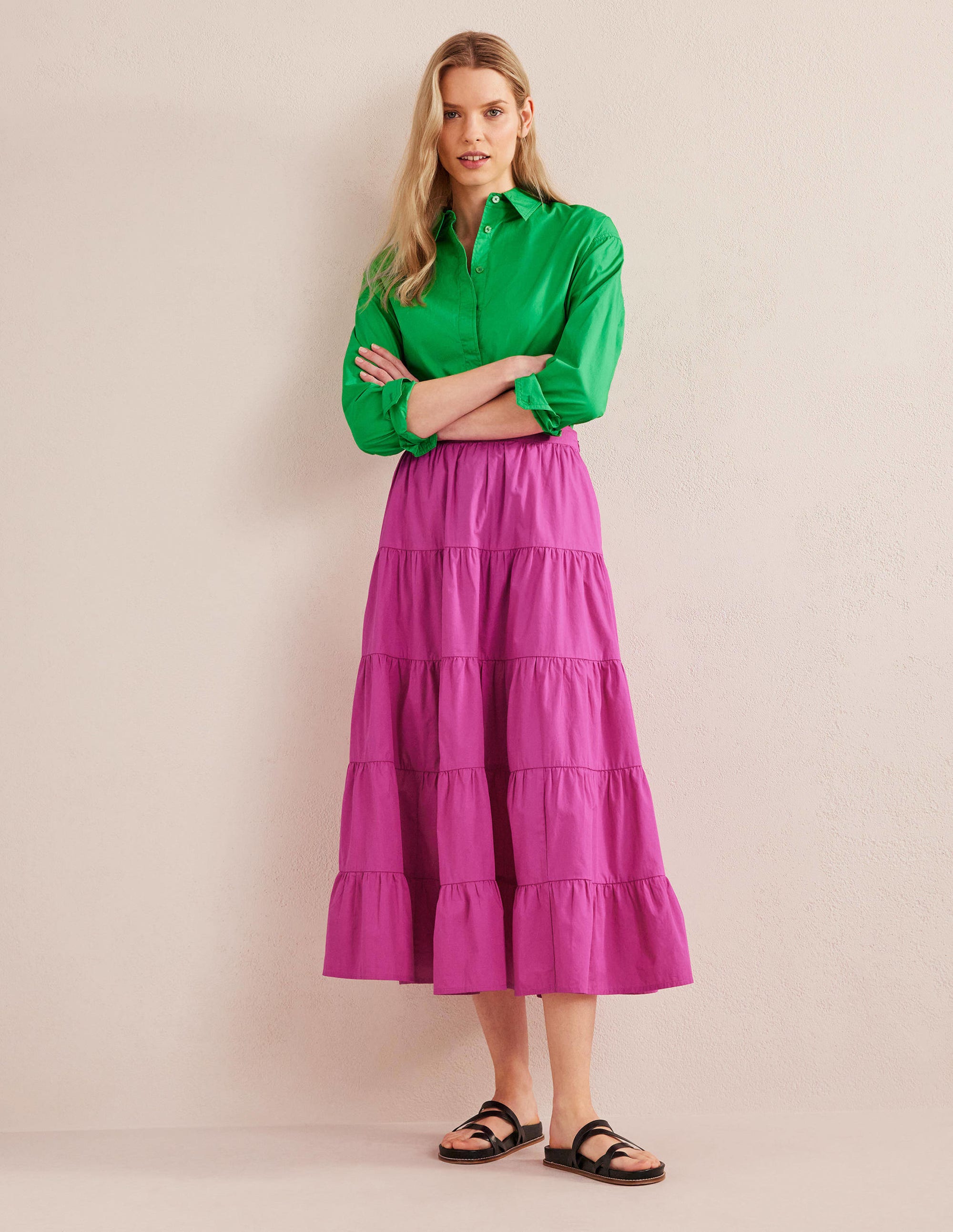 Jupe midi volantée en popeline-Rose violette - Image 5