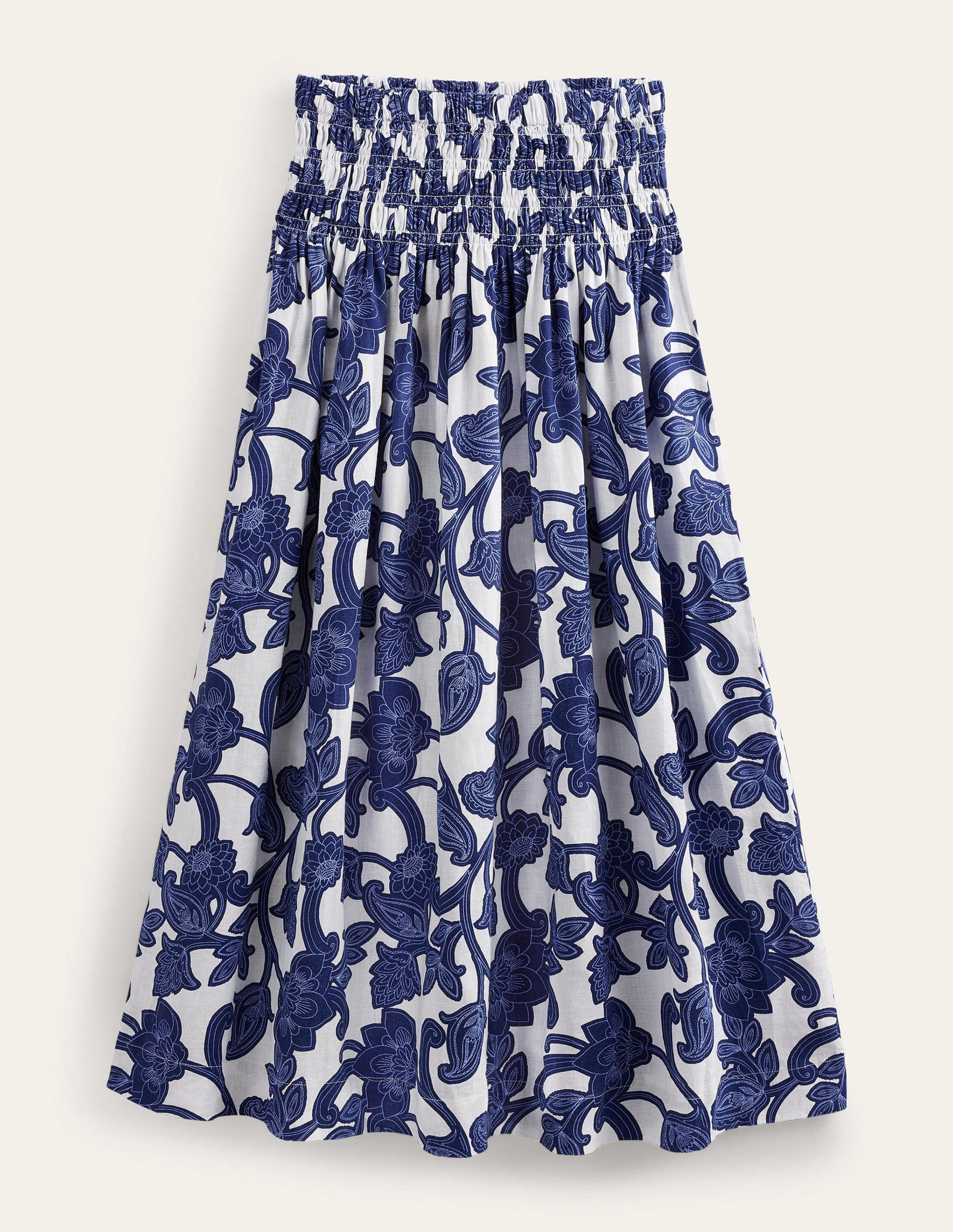 Shirred Waist Linen Midi Skirt-Blue Ribbon, Paisley Whirl-8