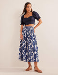 Shirred Waist Linen Midi Skirt-Blue Ribbon, Paisley Whirl