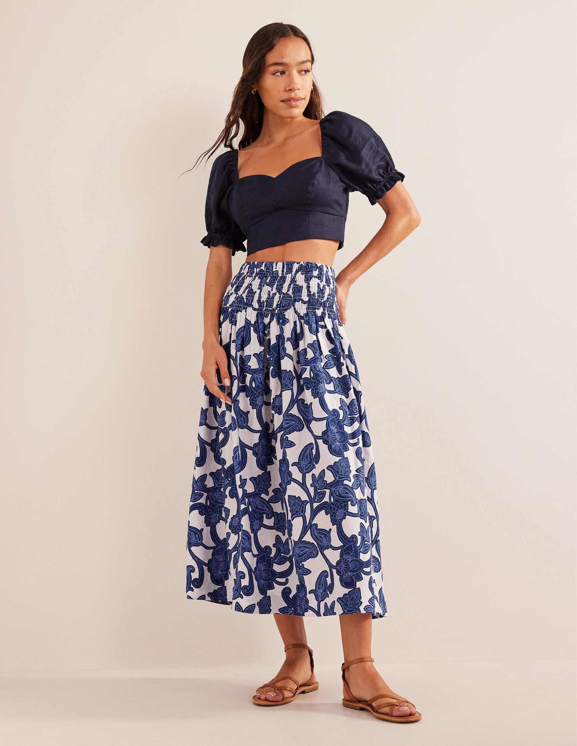 Shirred Waist Linen Midi Skirt-Blue Ribbon, Paisley Whirl-1