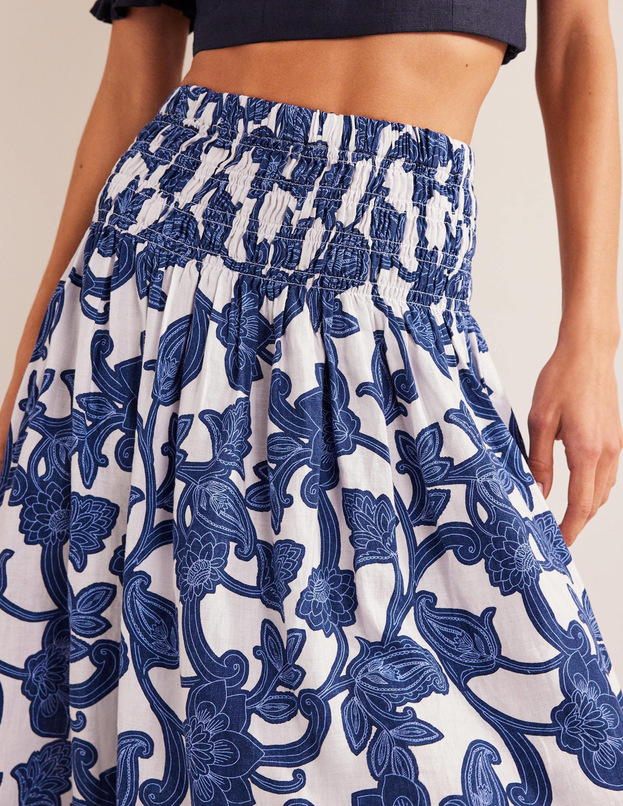Shirred Waist Linen Midi Skirt-Blue Ribbon, Paisley Whirl - Image 2