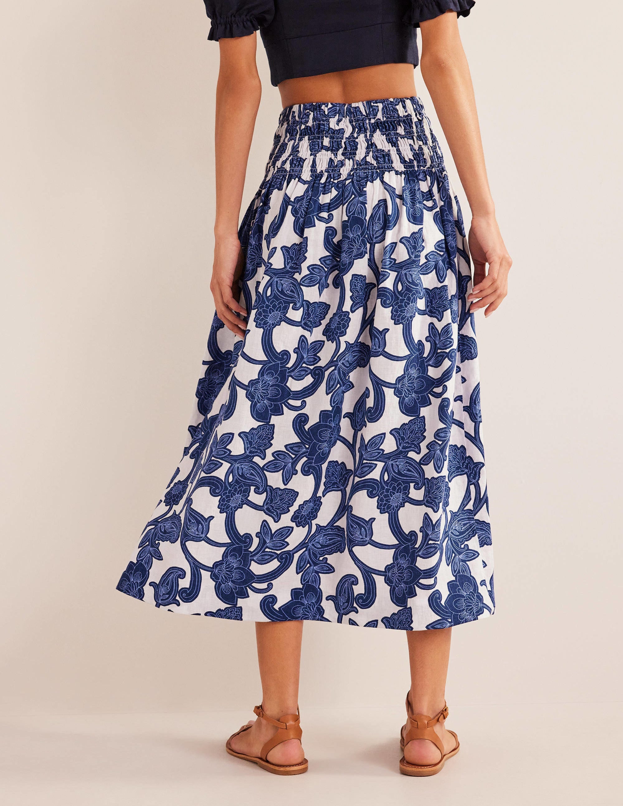 Shirred Waist Linen Midi Skirt-Blue Ribbon, Paisley Whirl - Image 3