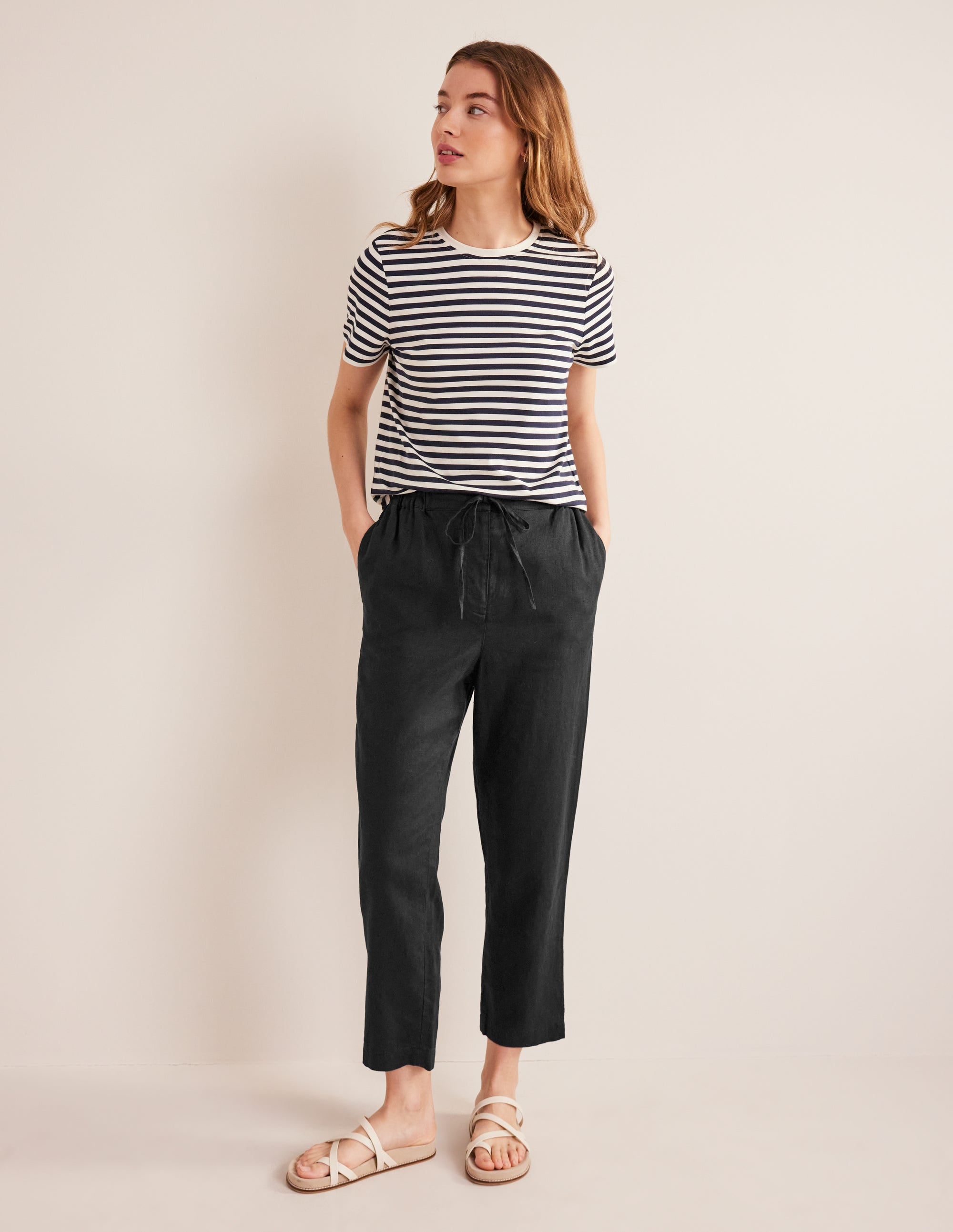 Relaxed Linen Pull On Trousers-Black - Image 1