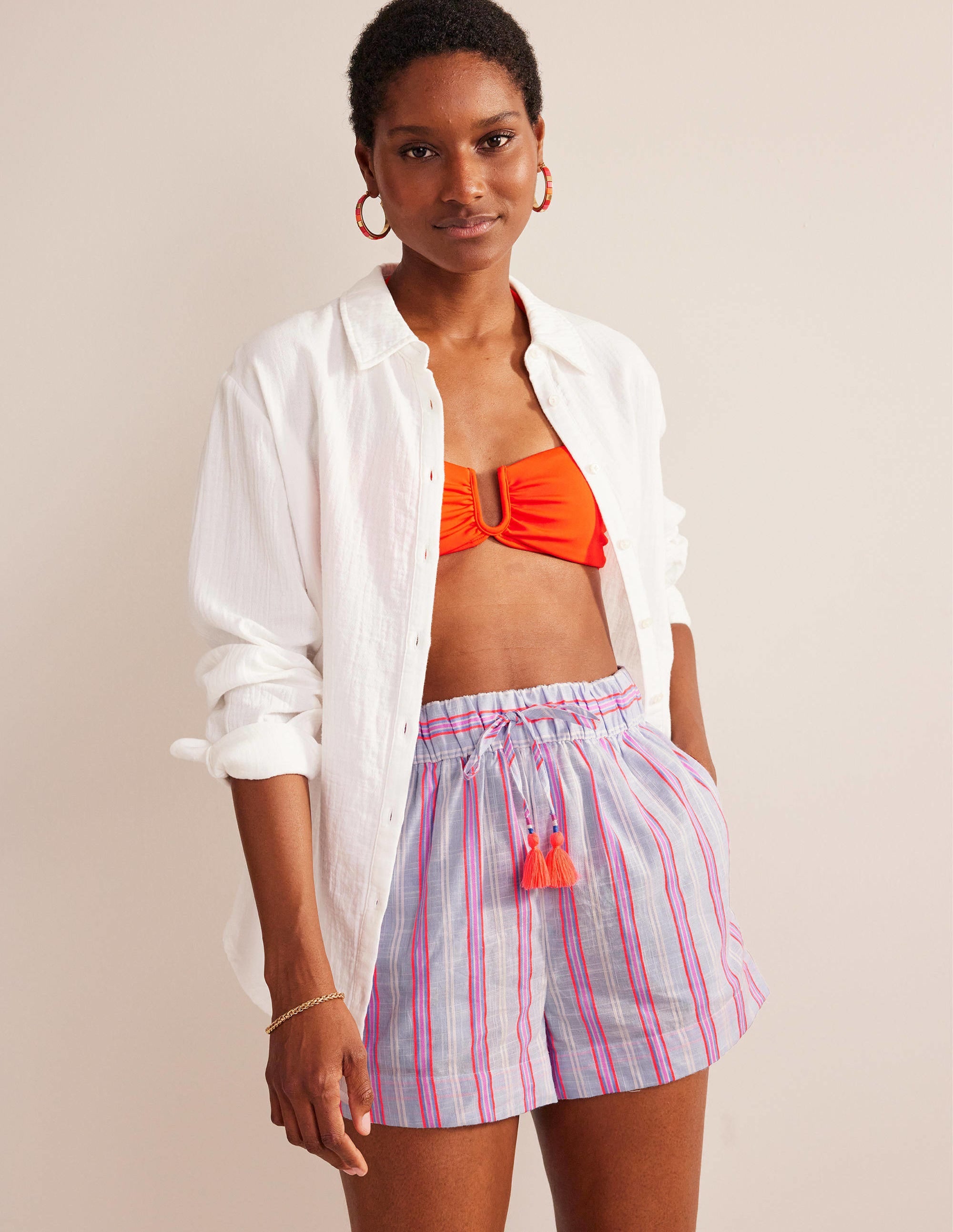 Short rayé noué à la taille-Rayé bleu et pastèque - Image 1