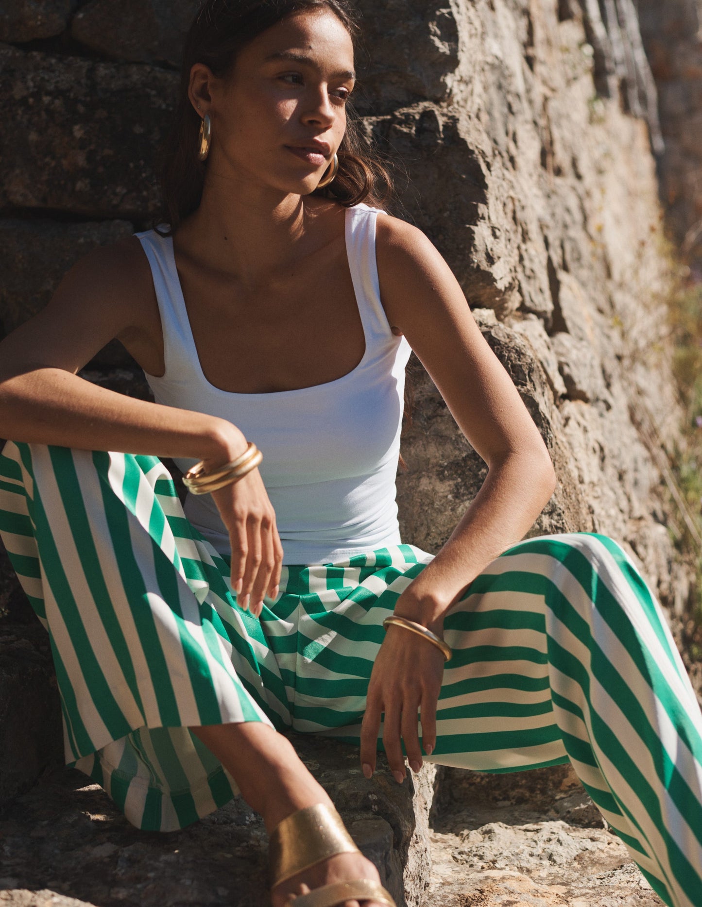 High-Waist Palazzo Trousers-Rich Emerald Stripe