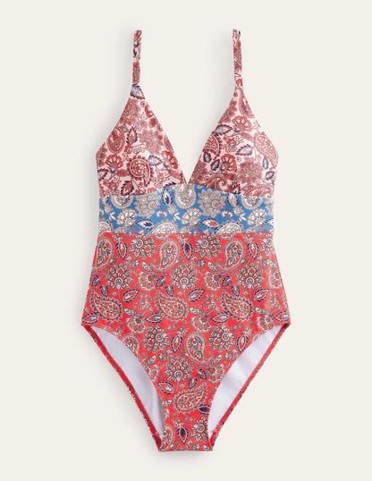 Maillot de bain col V Arezzo à empiècement-Rouge haut risque, motif Paisley Terrace-7