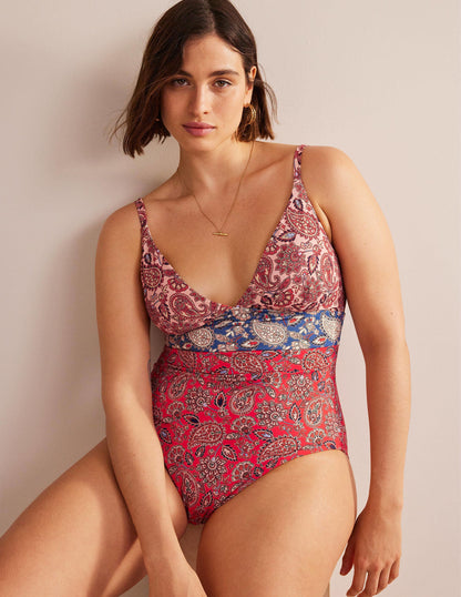 Maillot de bain col V Arezzo à empiècement-Rouge haut risque, motif Paisley Terrace-5