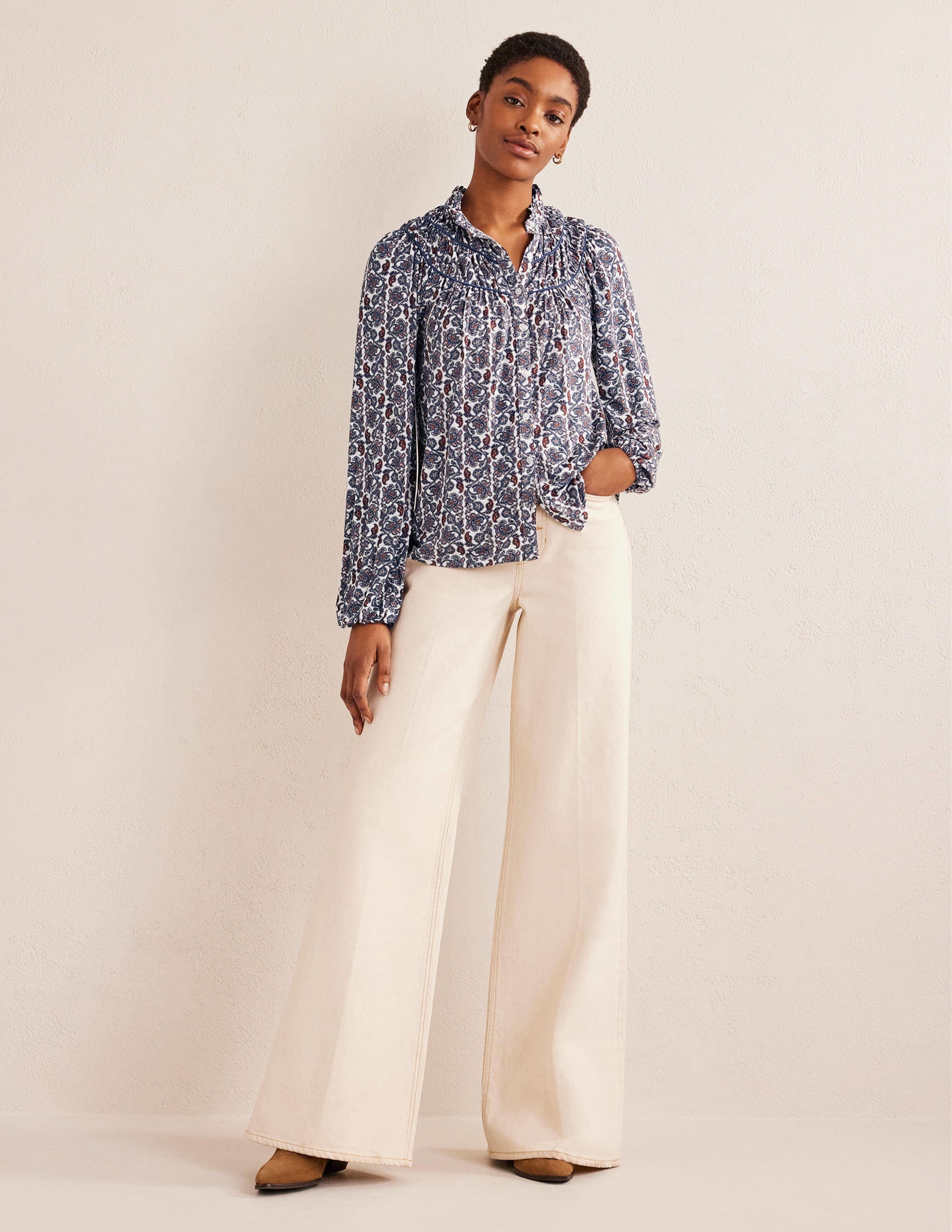 Ruched Yoke Jersey Shirt-Nightshadow, Block Paisley - Image 4