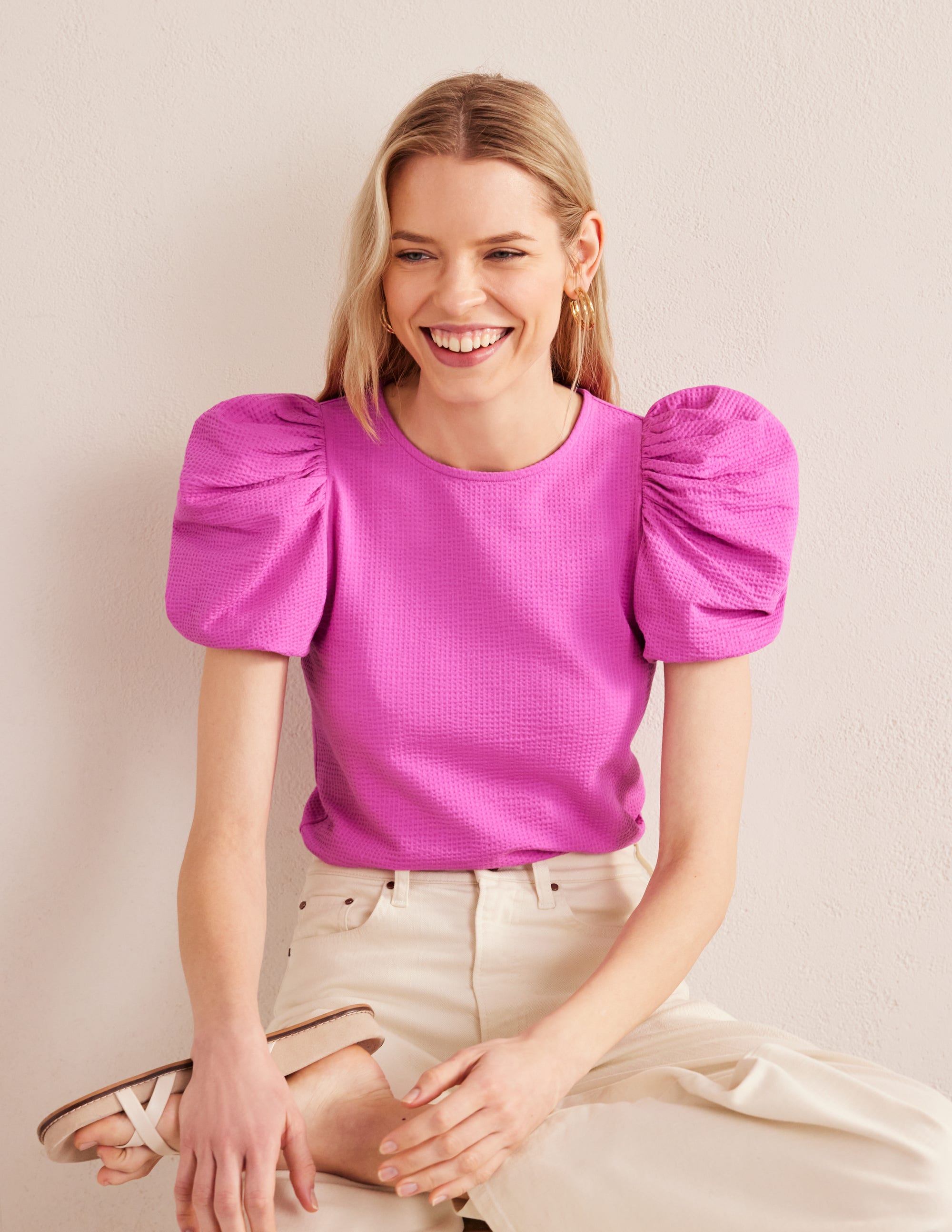 Top en jersey à manches bouffantes-Rose violette - Image 1