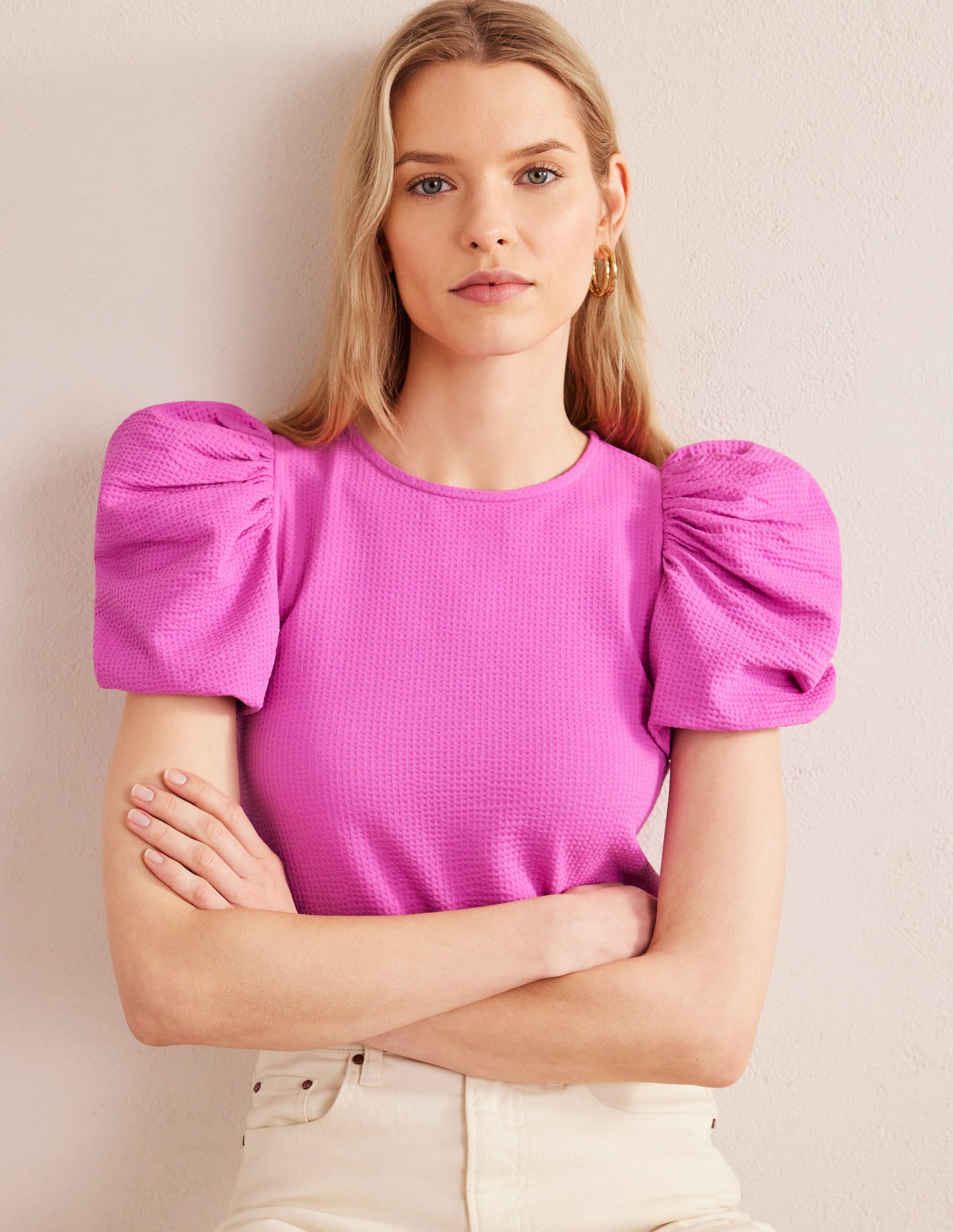 Top en jersey à manches bouffantes-Rose violette-4