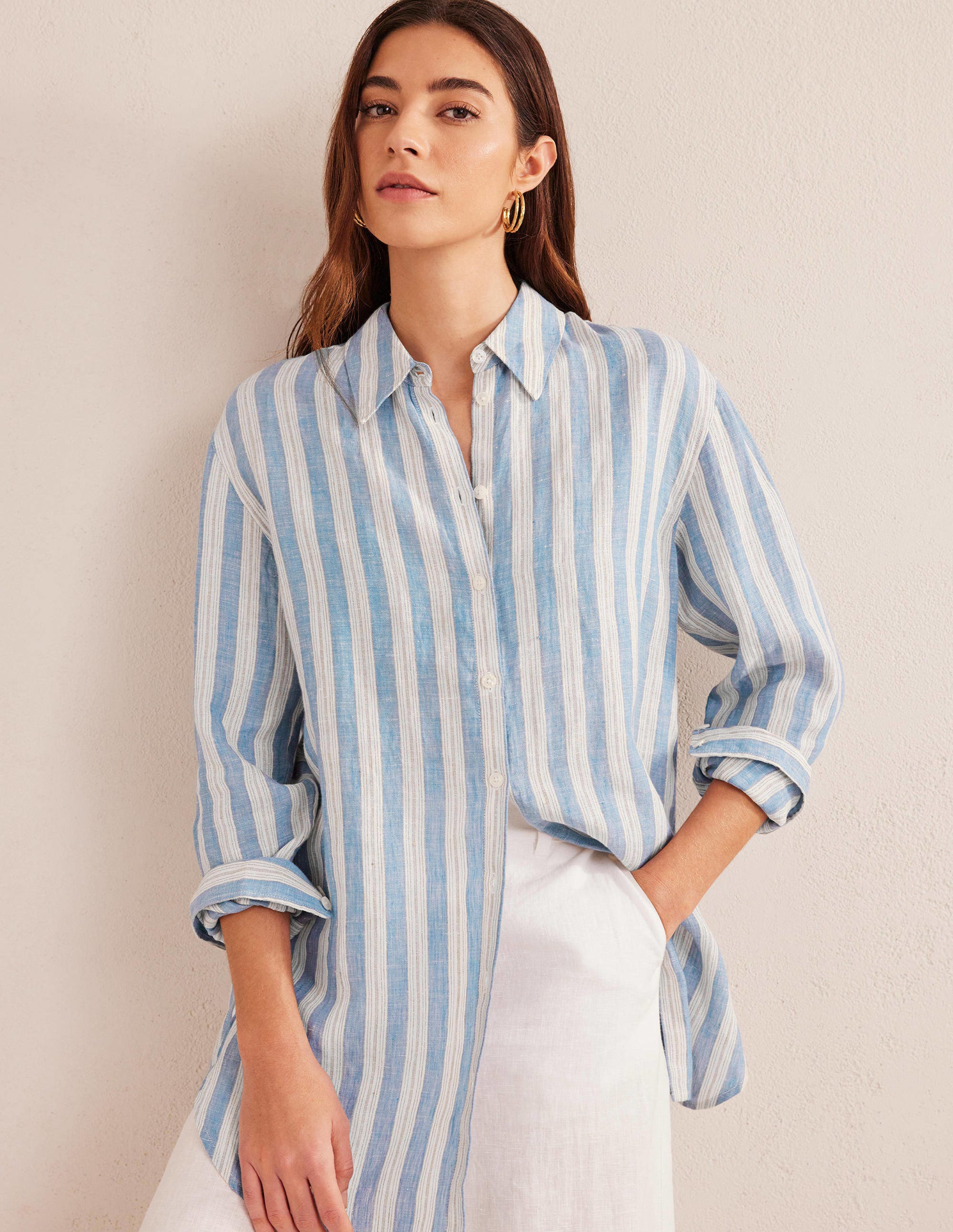 Chemise décontractée en lin-Bleu porcelaine, rayé lurex - Image 1