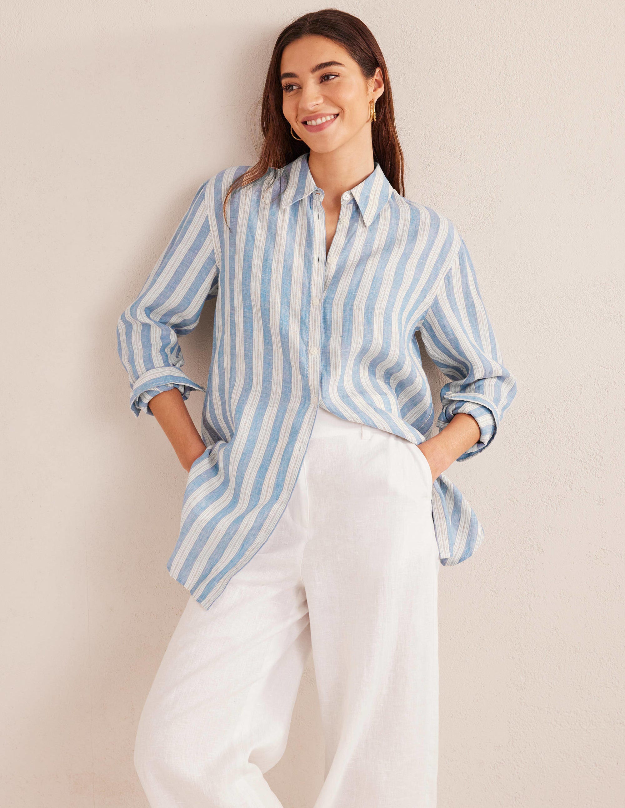 Chemise décontractée en lin-Bleu porcelaine, rayé lurex - Image 4