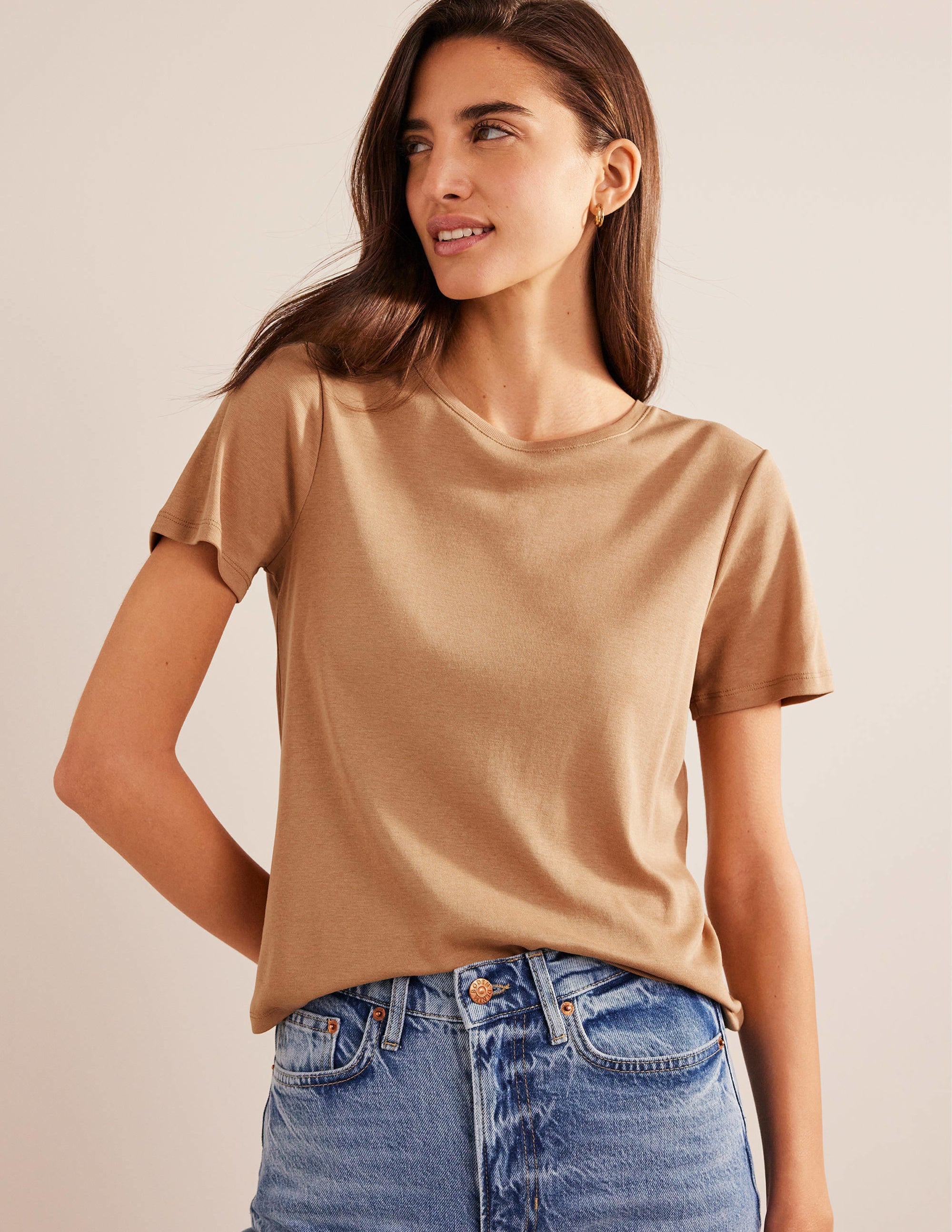Jersey-T-Shirt mit Rundhalsausschnitt-Kamelbraun - Image 4