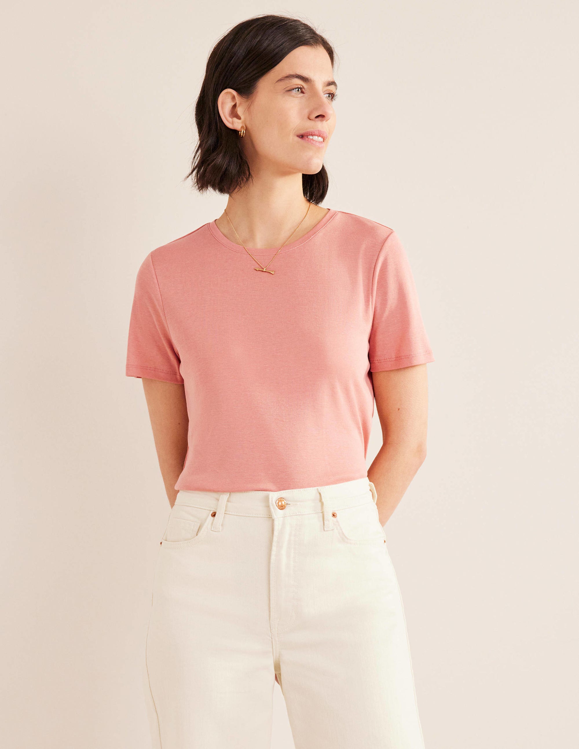 T-shirt col rond en jersey-Rose - Image 1