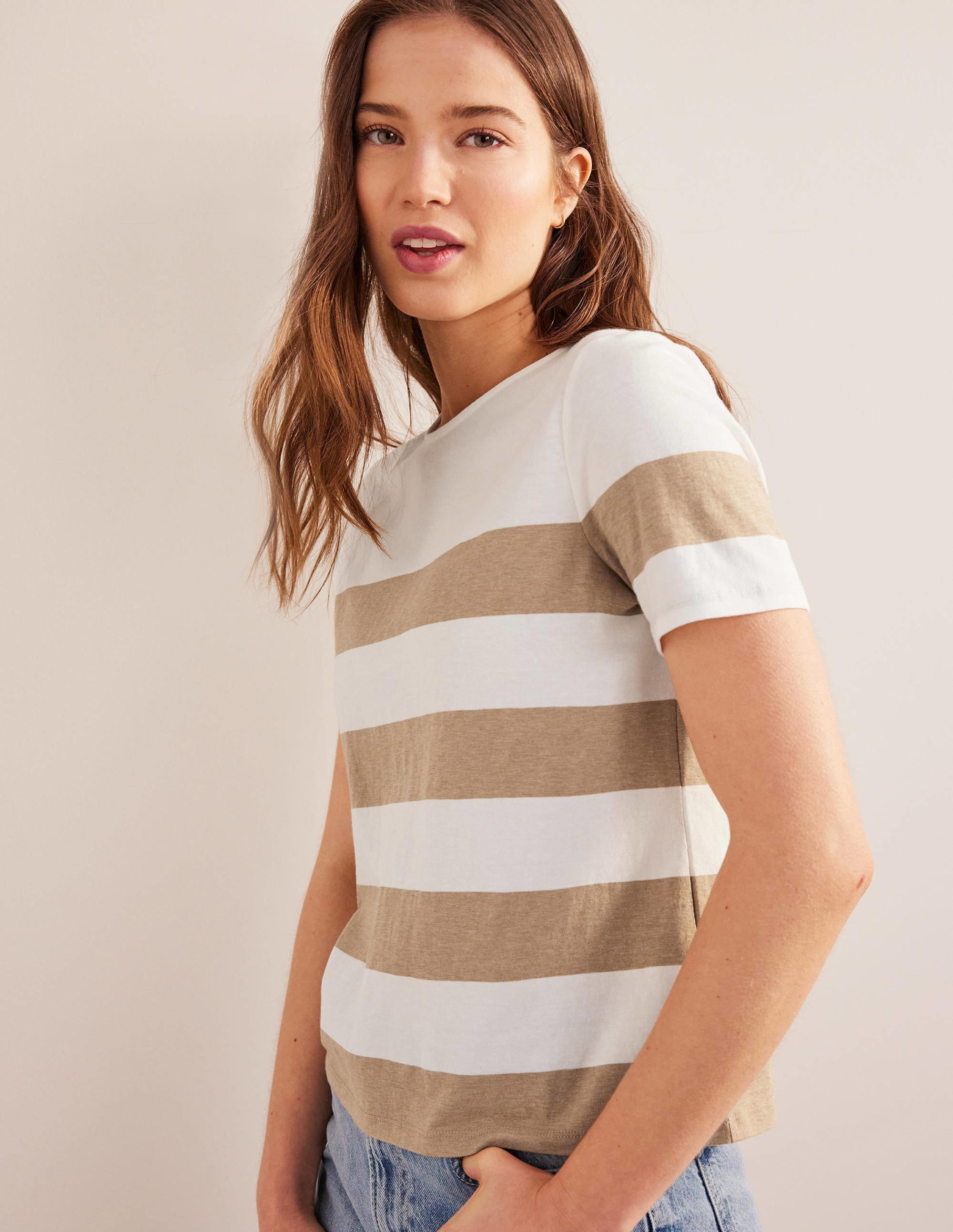Bea Short Sleeve Breton-Ivory, Camel Wide Stripe - Image 4