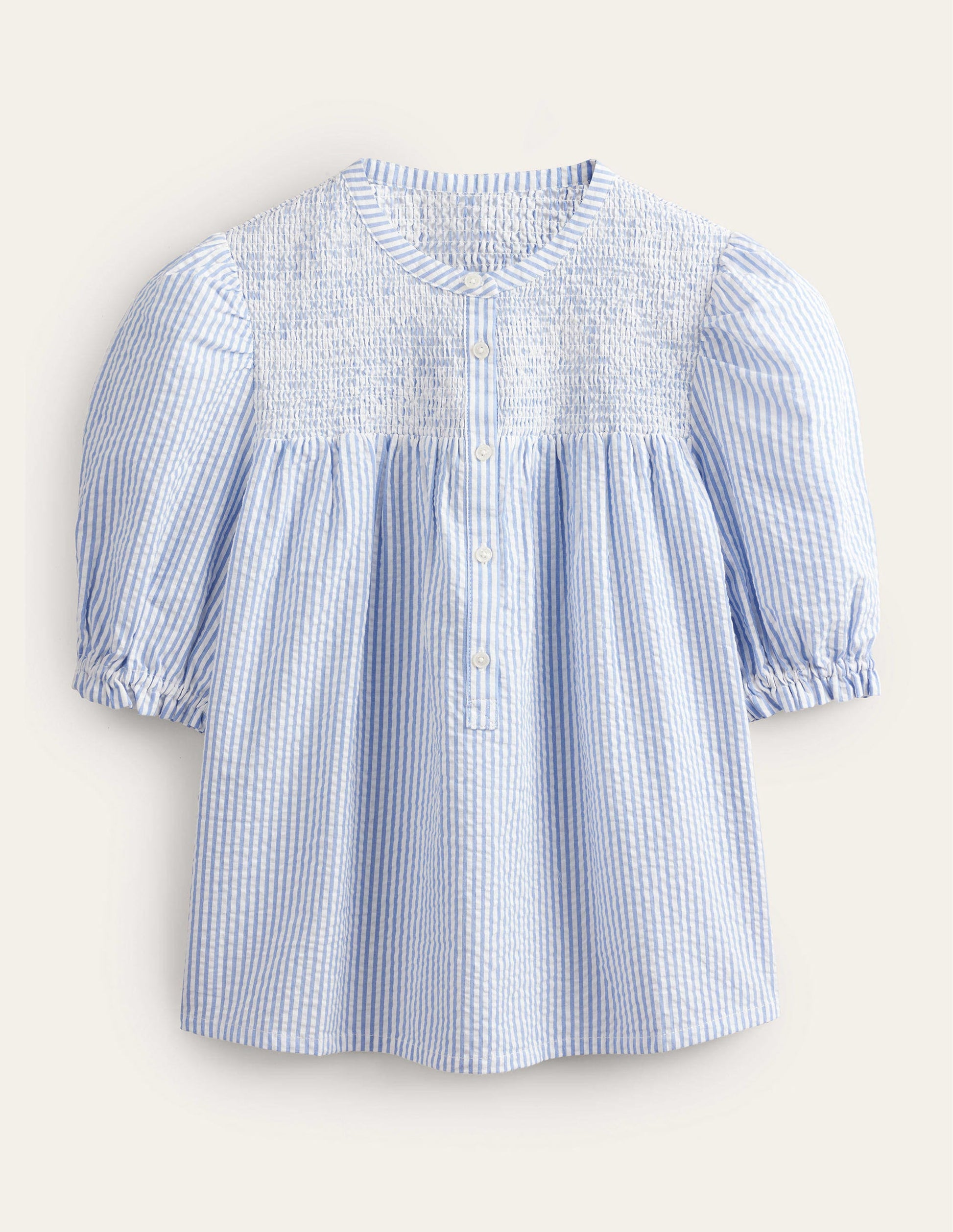 Tunika-Bluse aus Seersucker mit Puffärmeln-Provence-Blau/Naturweiß, Seersucker-5