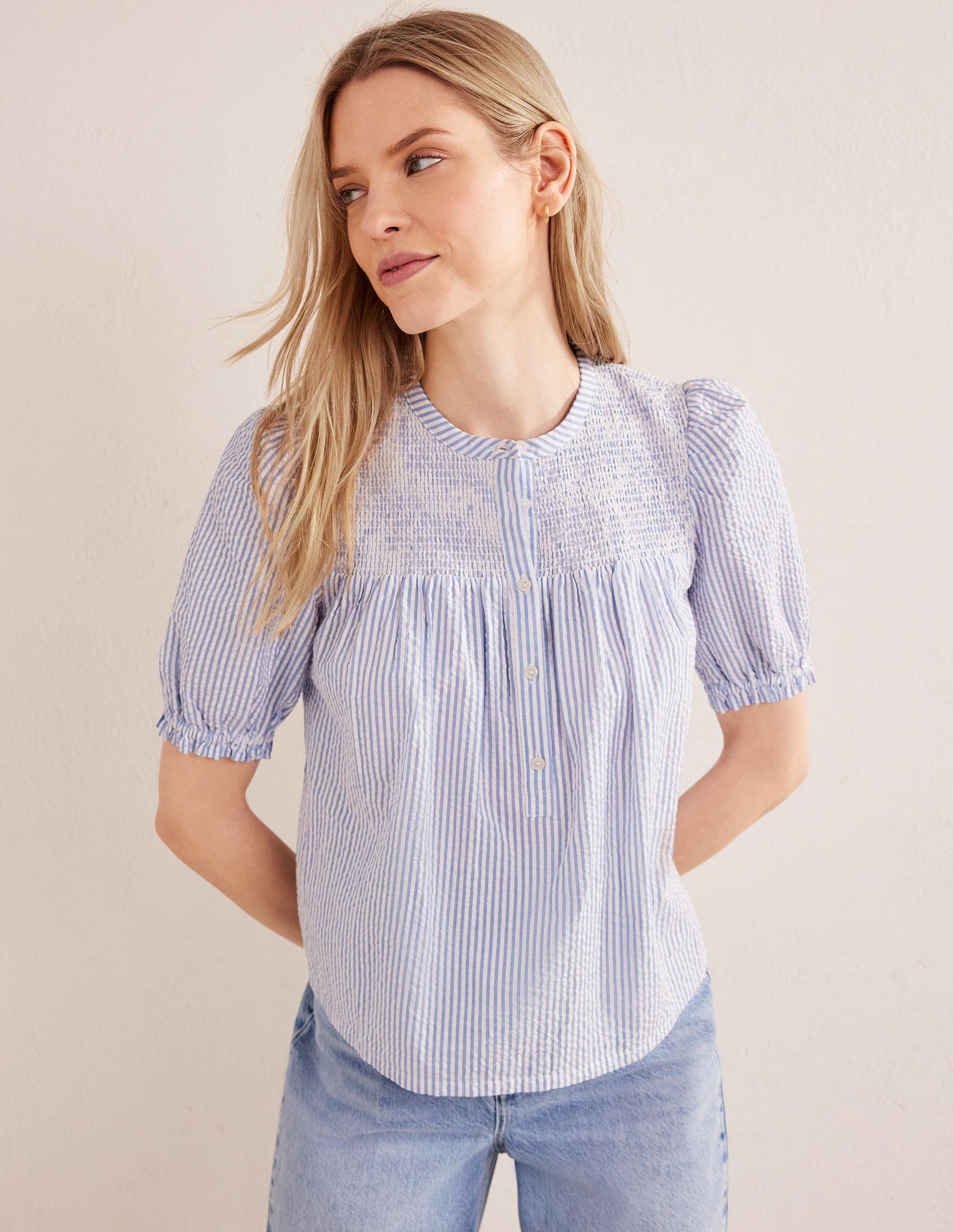 Tunika-Bluse aus Seersucker mit Puffärmeln-Provence-Blau/Naturweiß, Seersucker - Image 1