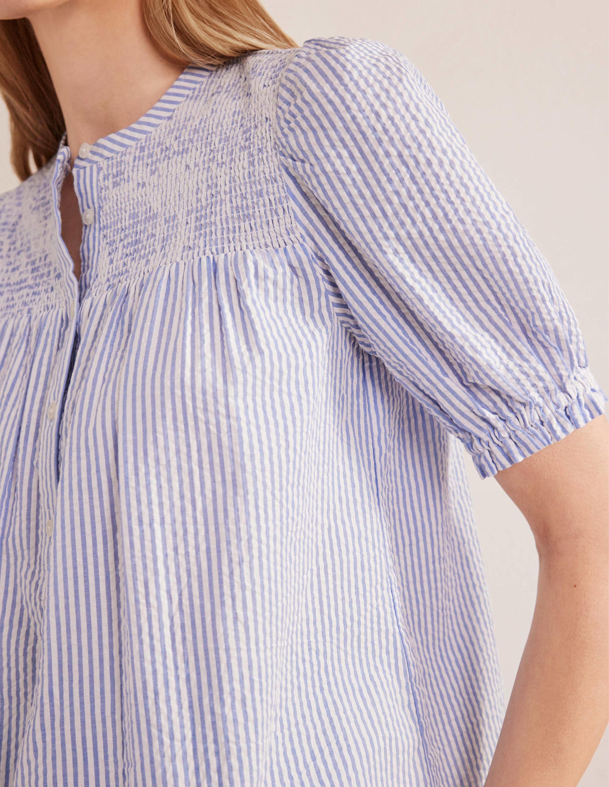 Tunika-Bluse aus Seersucker mit Puffärmeln-Provence-Blau/Naturweiß, Seersucker-2