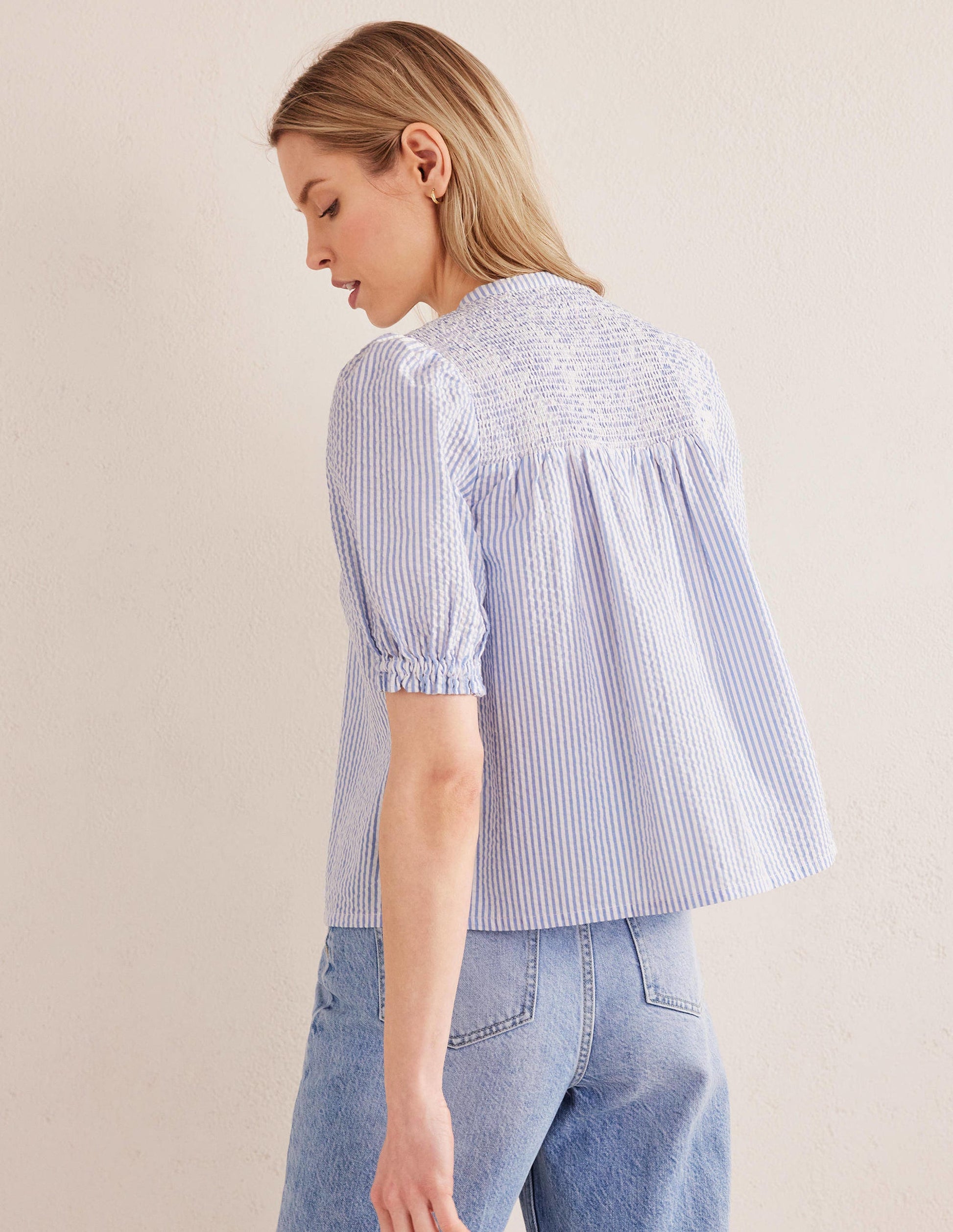 Tunika-Bluse aus Seersucker mit Puffärmeln-Provence-Blau/Naturweiß, Seersucker-3