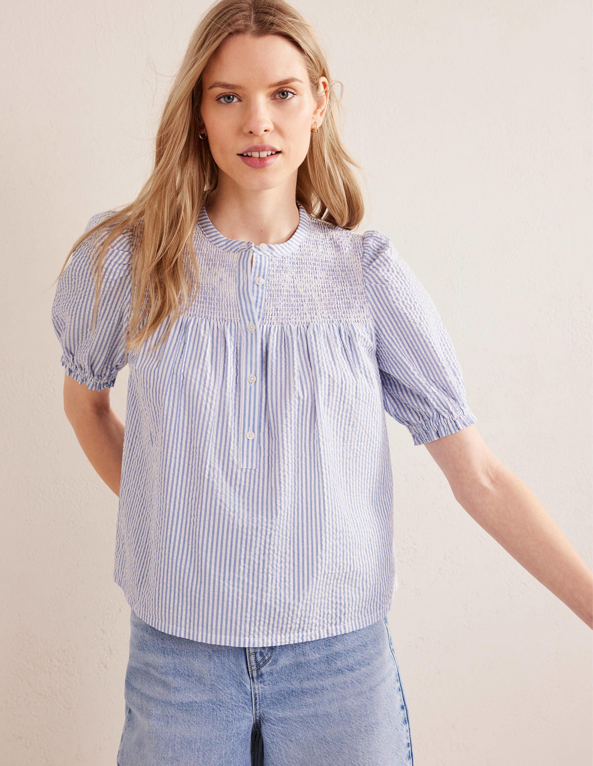 Tunika-Bluse aus Seersucker mit Puffärmeln-Provence-Blau/Naturweiß, Seersucker - Image 4