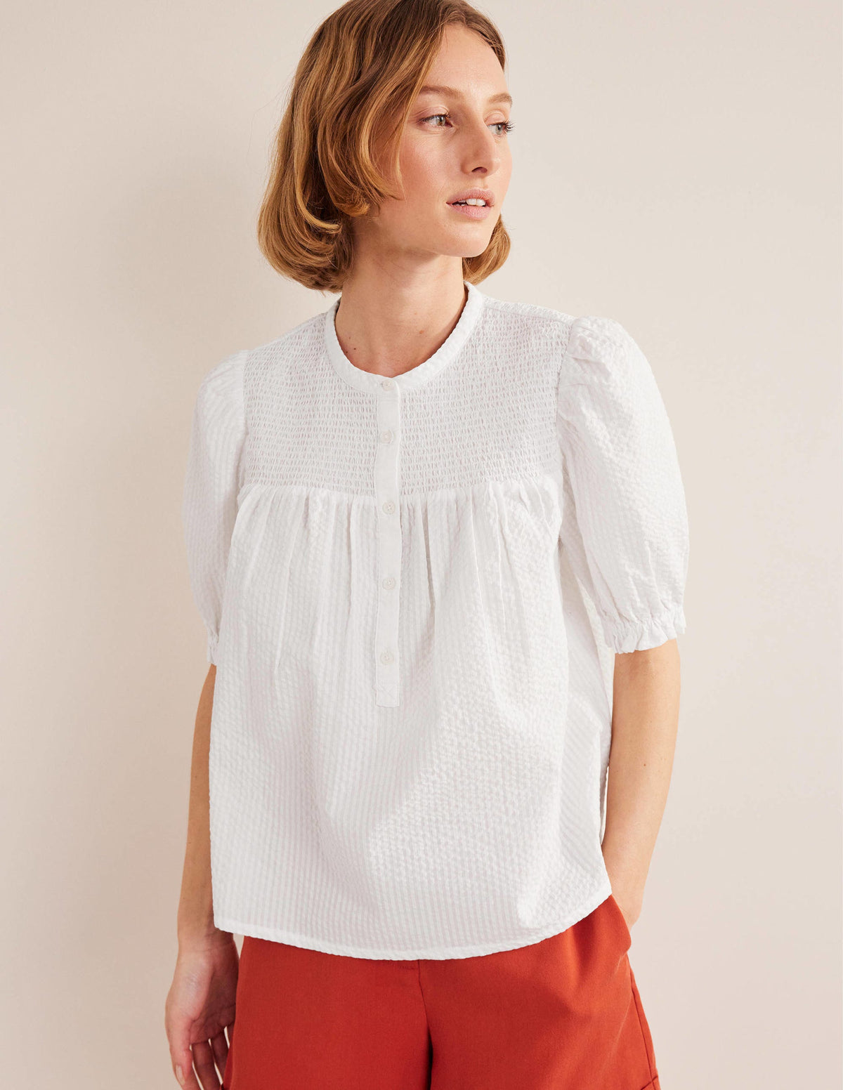 Tunika-Bluse aus Seersucker mit Puffärmeln-Weiß - Image 1