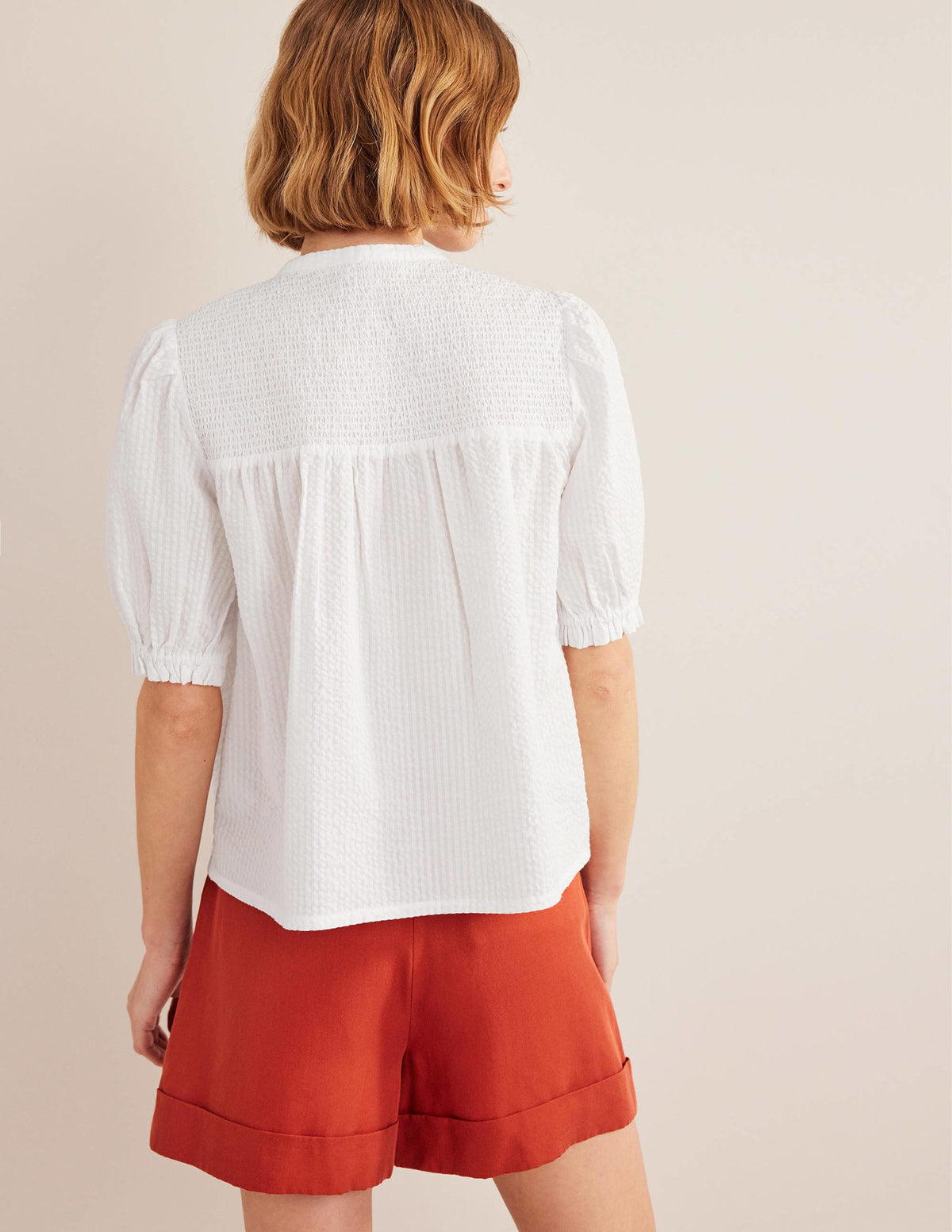Tunika-Bluse aus Seersucker mit Puffärmeln-Weiß-3