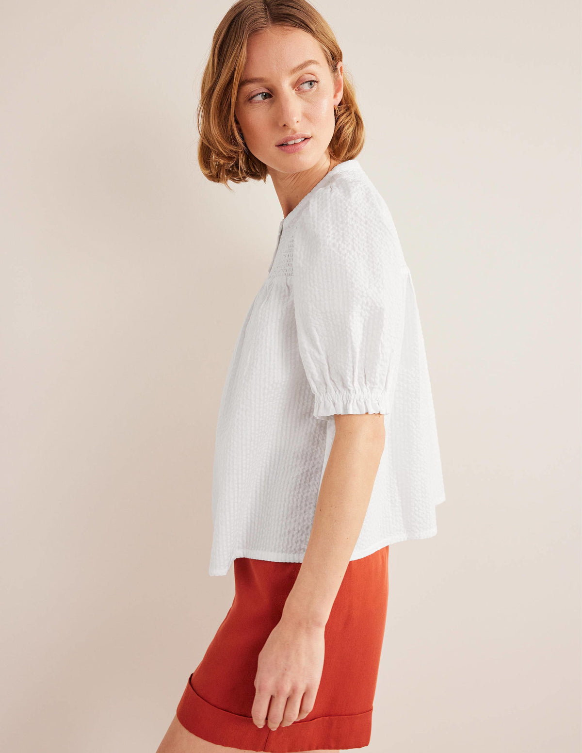 Tunika-Bluse aus Seersucker mit Puffärmeln-Weiß - Image 4