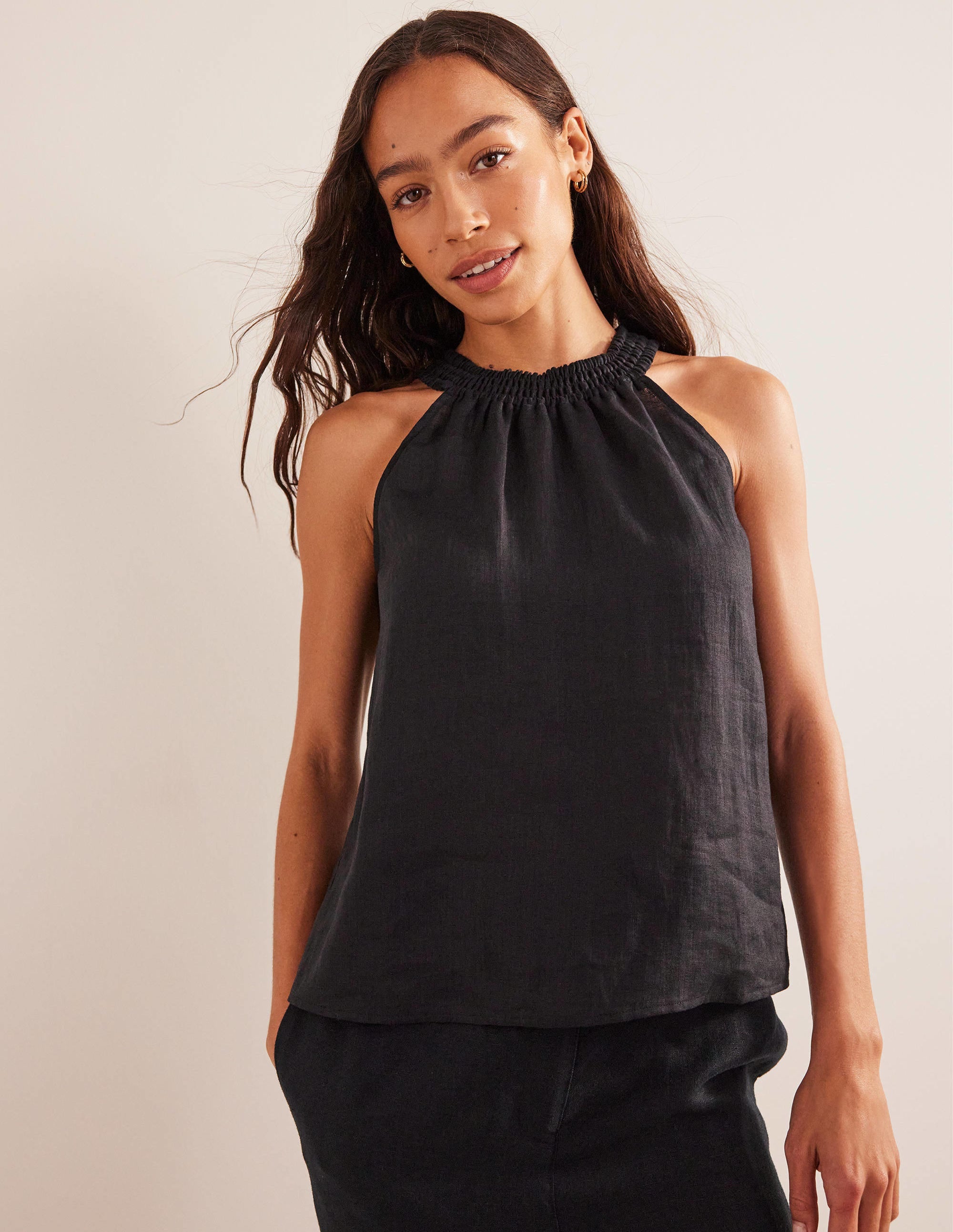 Top dos-nu en lin à smocks-Noir - Image 1