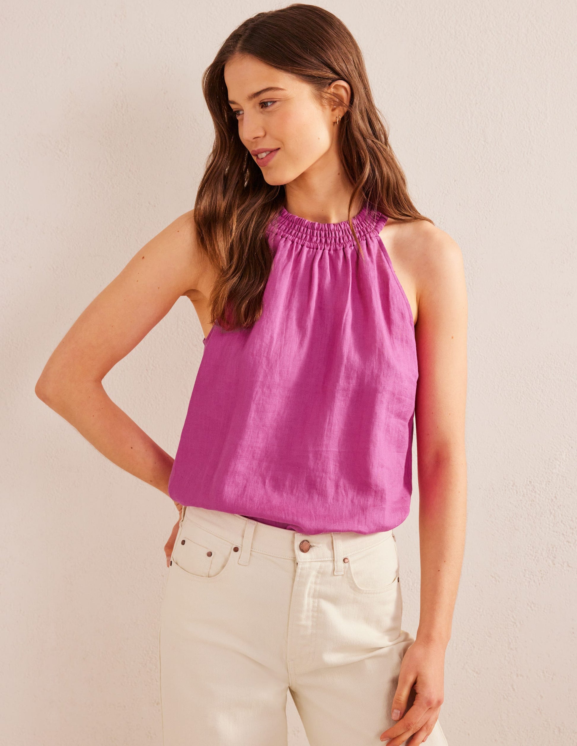 Top dos-nu en lin à smocks-Rose violet-1