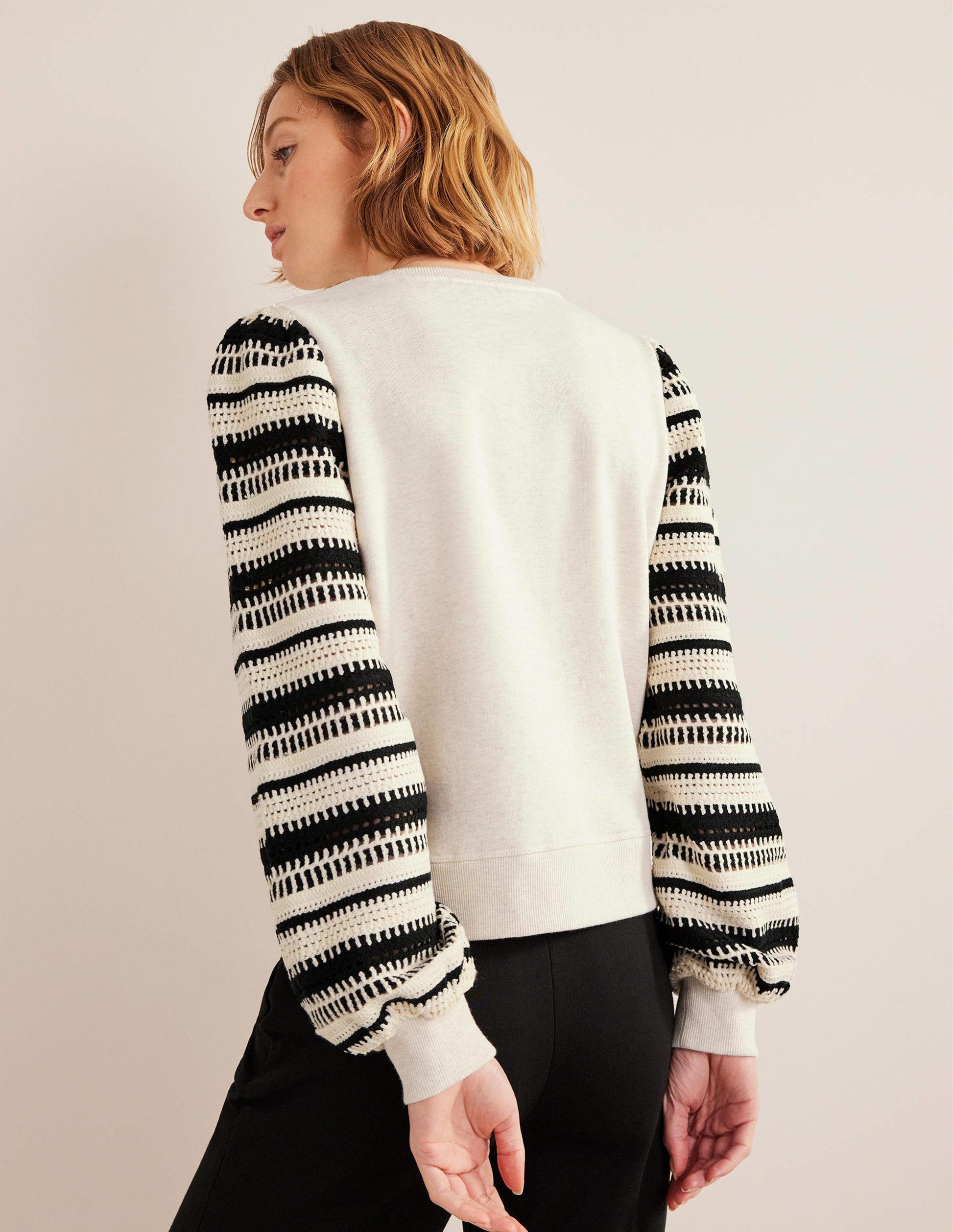 Häkel-Sweatshirt-Hellbeige Meliert, Häkelärmel-3