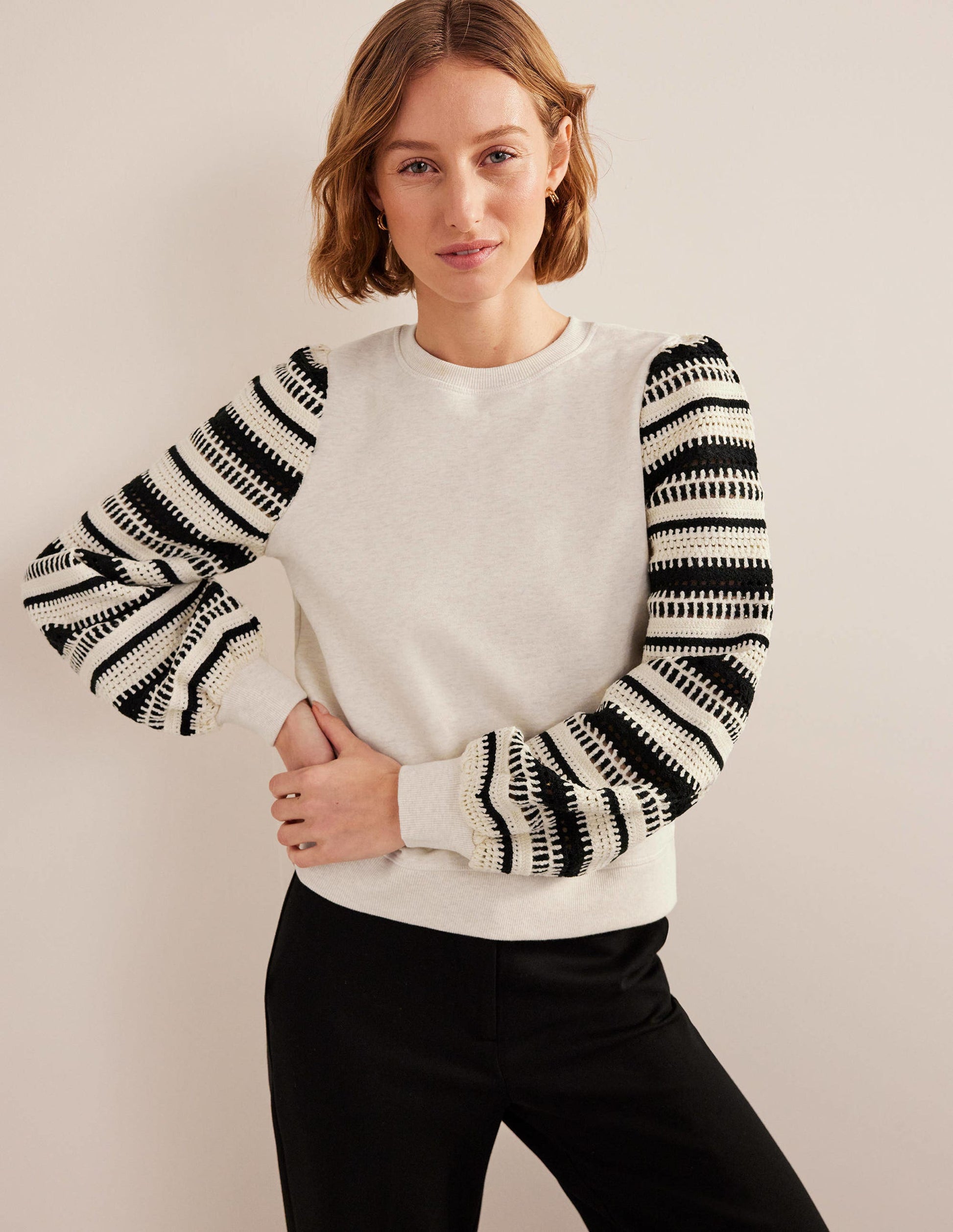 Häkel-Sweatshirt-Hellbeige Meliert, Häkelärmel-4