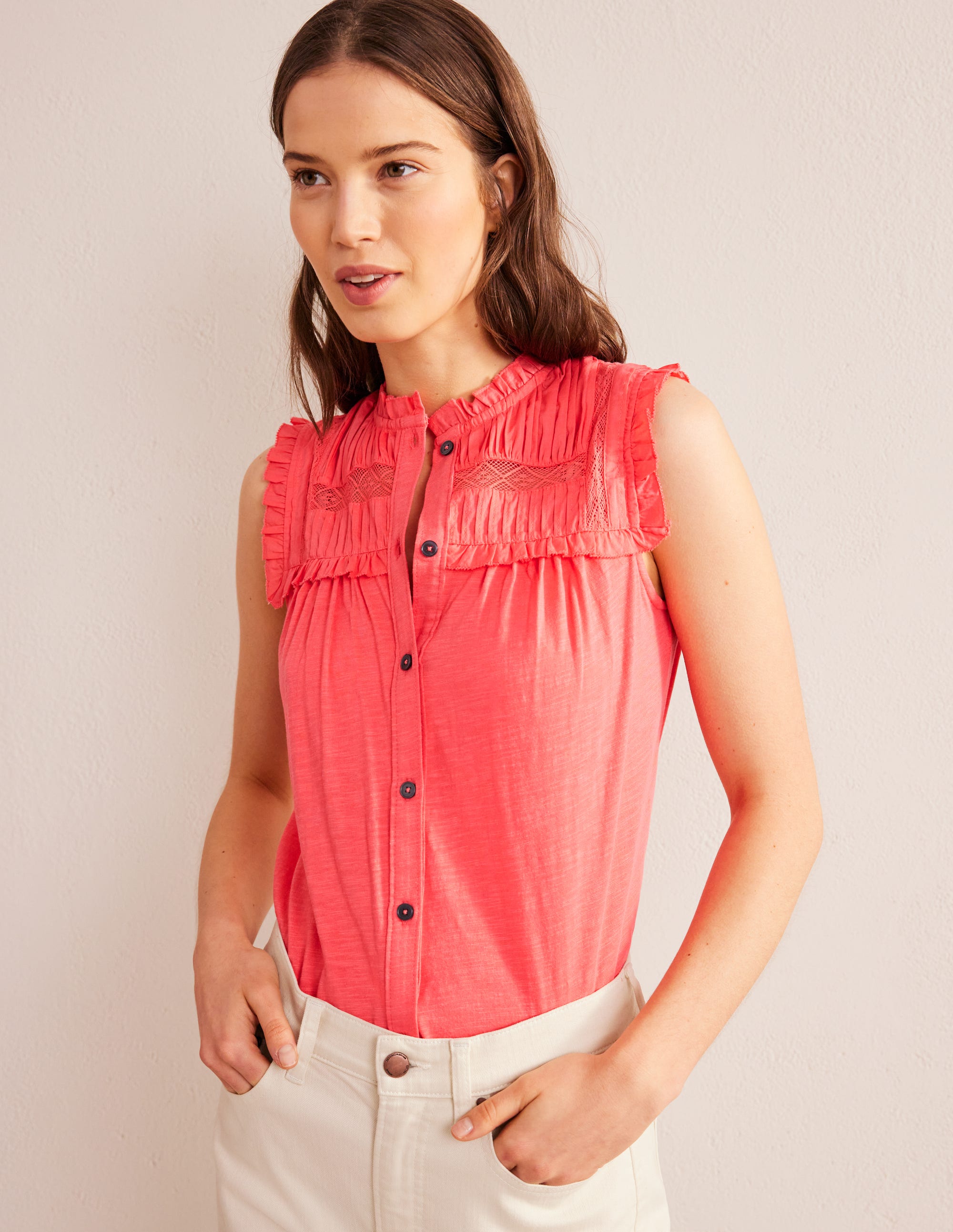 Yoke Detail Jersey Shirt-Coral - Image 4