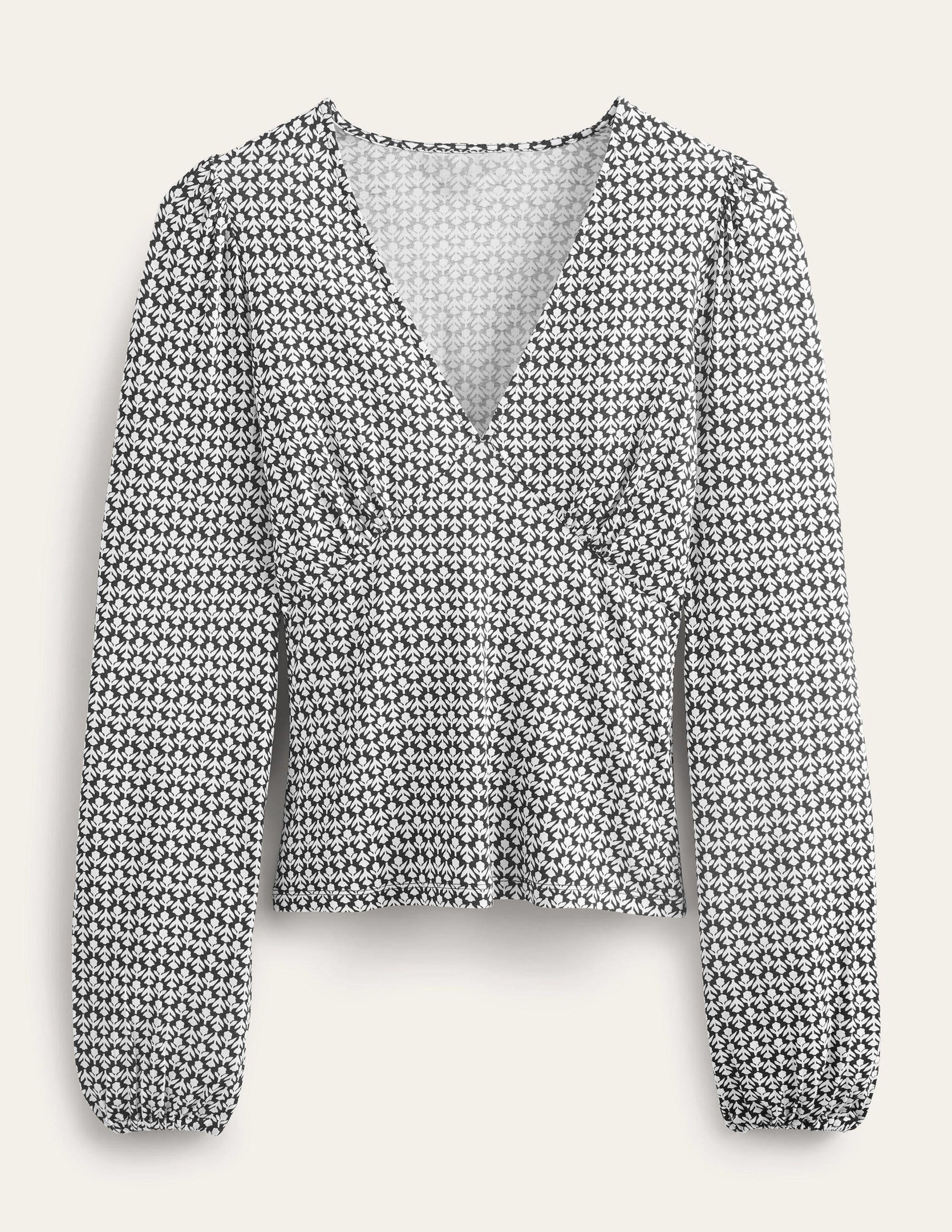 Top col V imprimé-Noir, motif Tulip Bud-5