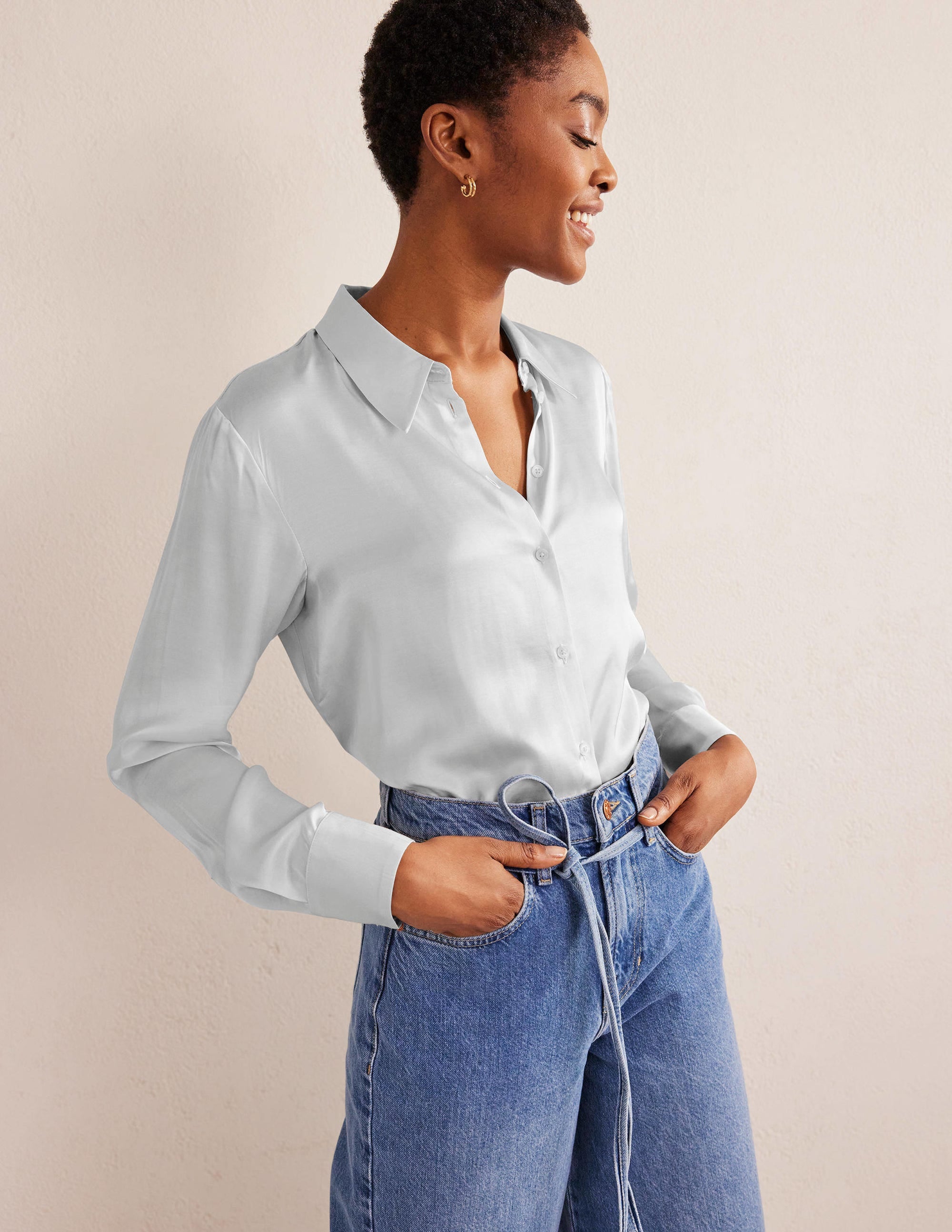 Relaxed Satin Shirt-Vaporous Grey - Image 4