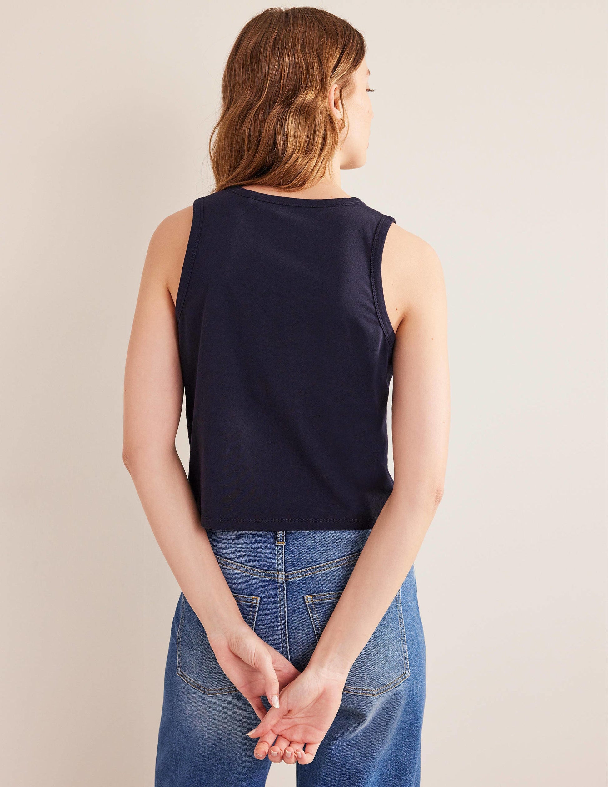 Pure Cotton Cropped Vest-Navy-3