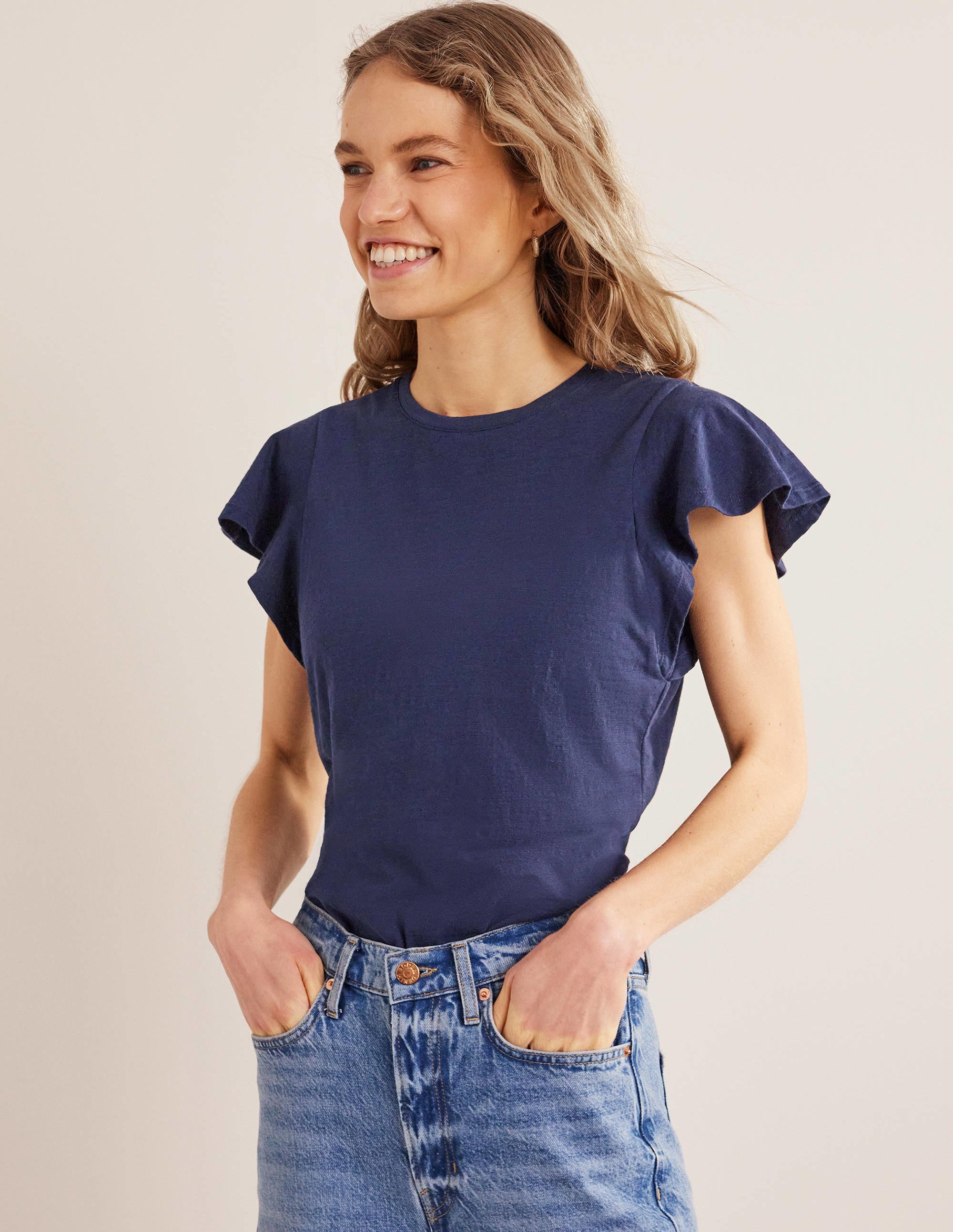 Crew Neck Flutter T-Shirt-Navy - Image 1