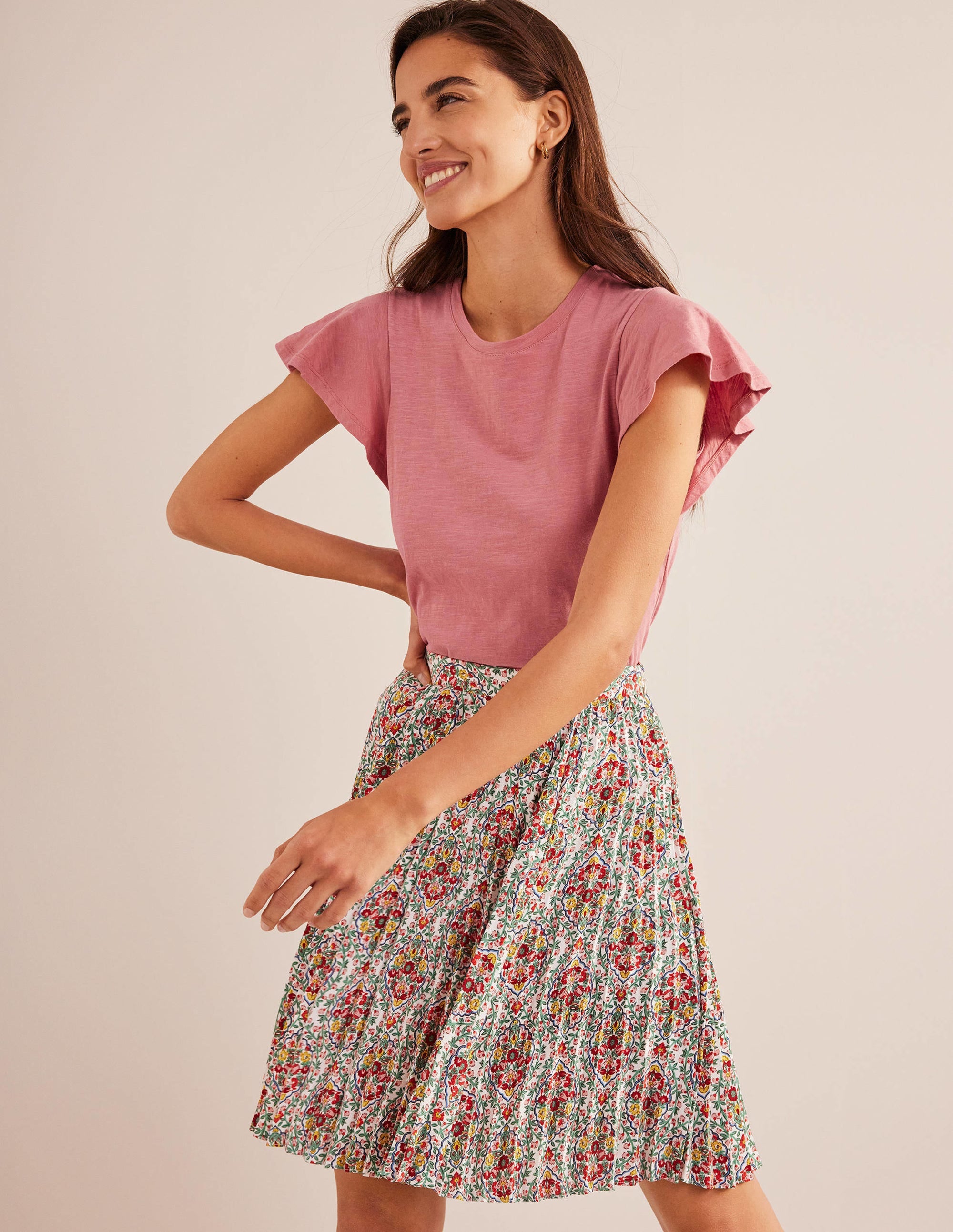 T-Shirt mit Rundhalsausschnitt und Flatterdetails-Blassrosa - Image 4