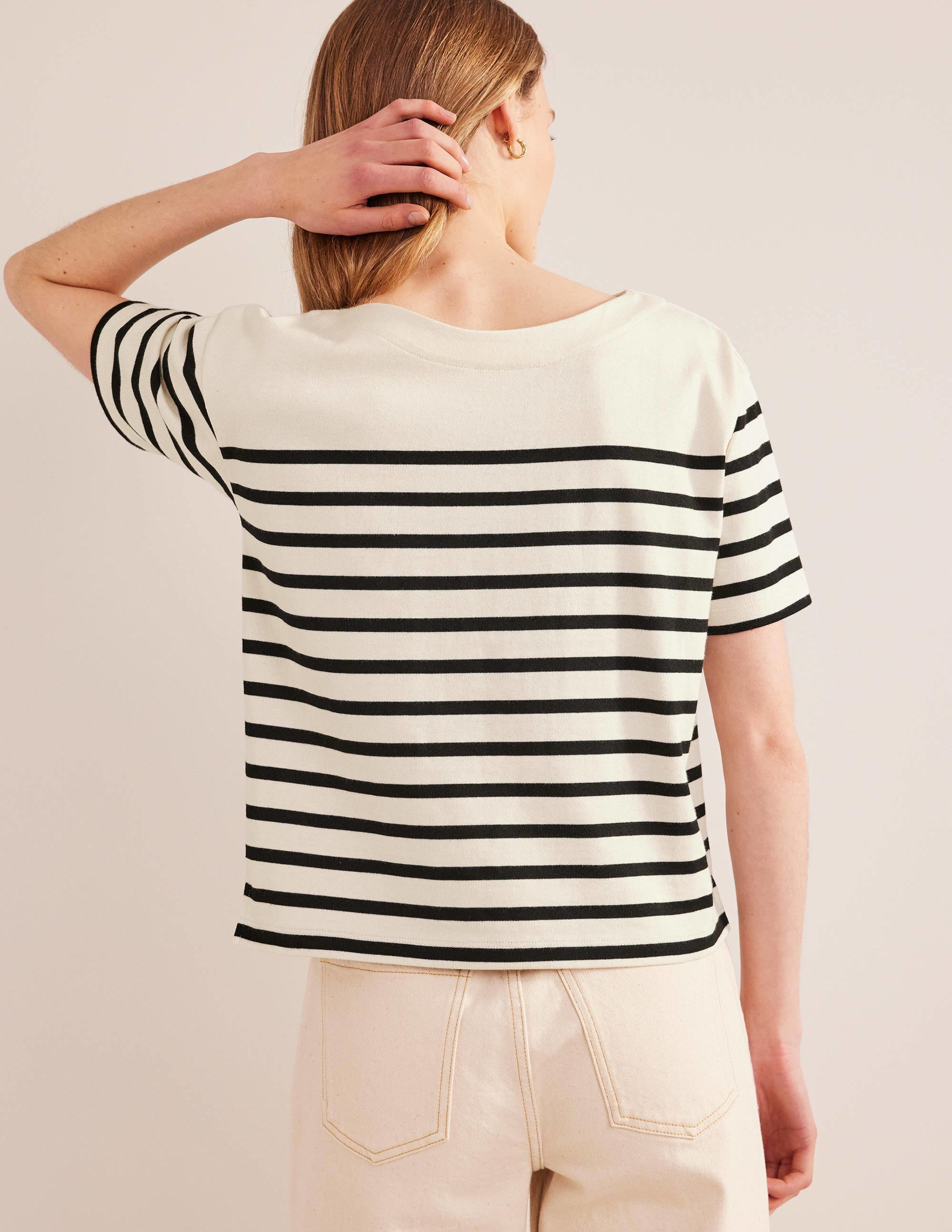 Boat Neck Striped T-Shirt-Ivory/Black Stripe - Image 2