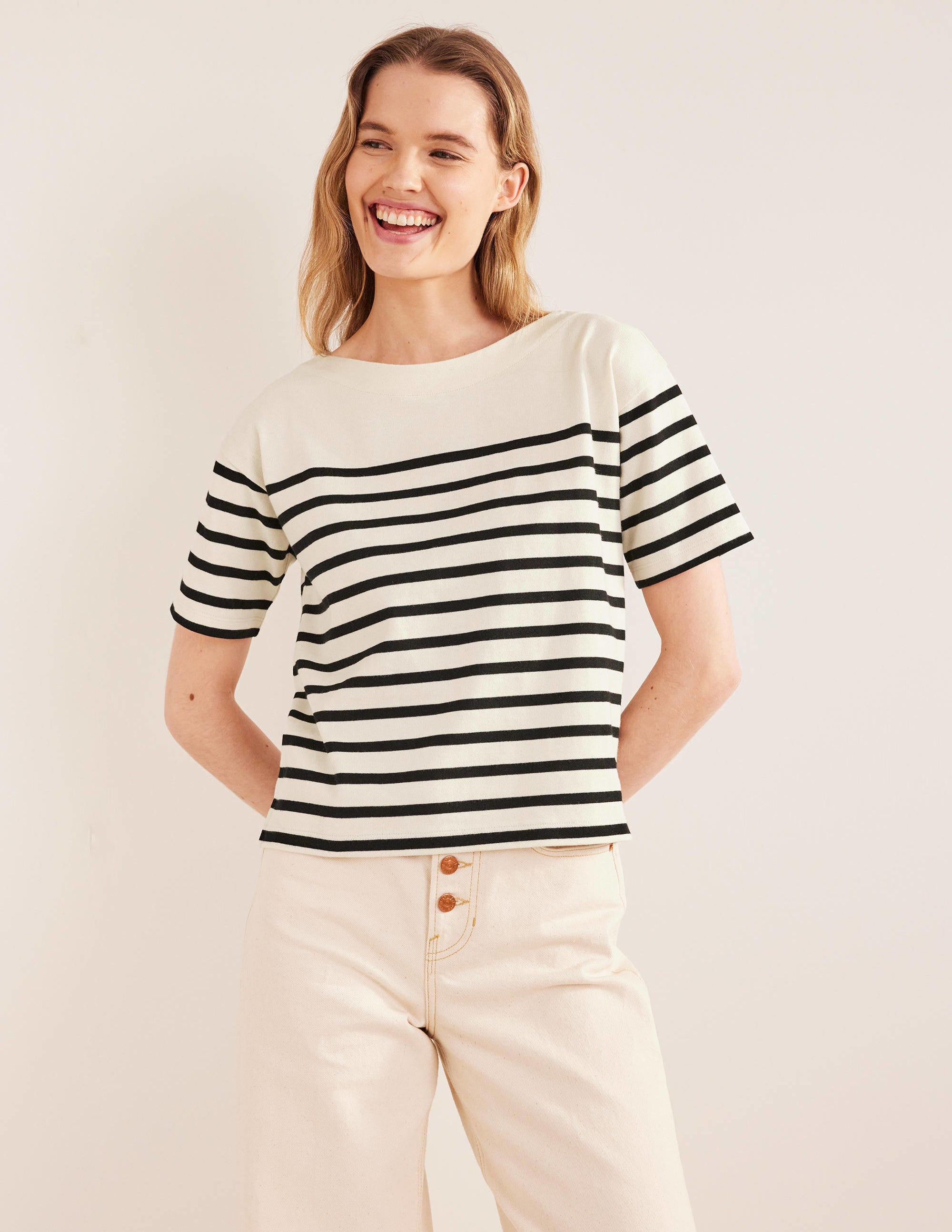 Boat Neck Striped T-Shirt-Ivory/Black Stripe - Image 3