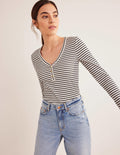 Stripe Ribbed Fitted Henley-Ivory/Navy Stripe