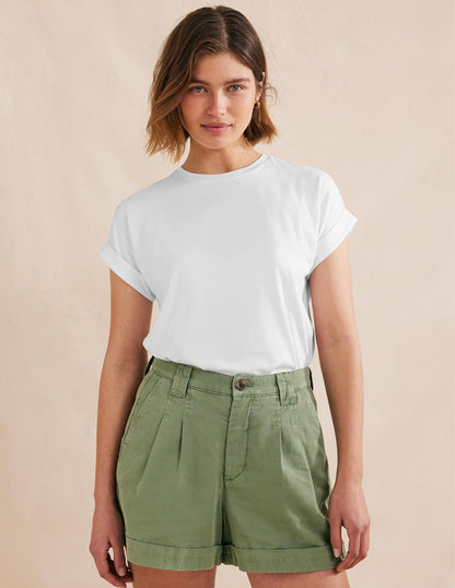 Rundhals-T-Shirt mit umgekrempelten Ärmeln-Weiß-1