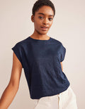 T-shirt col rond en lin-Bleu marine