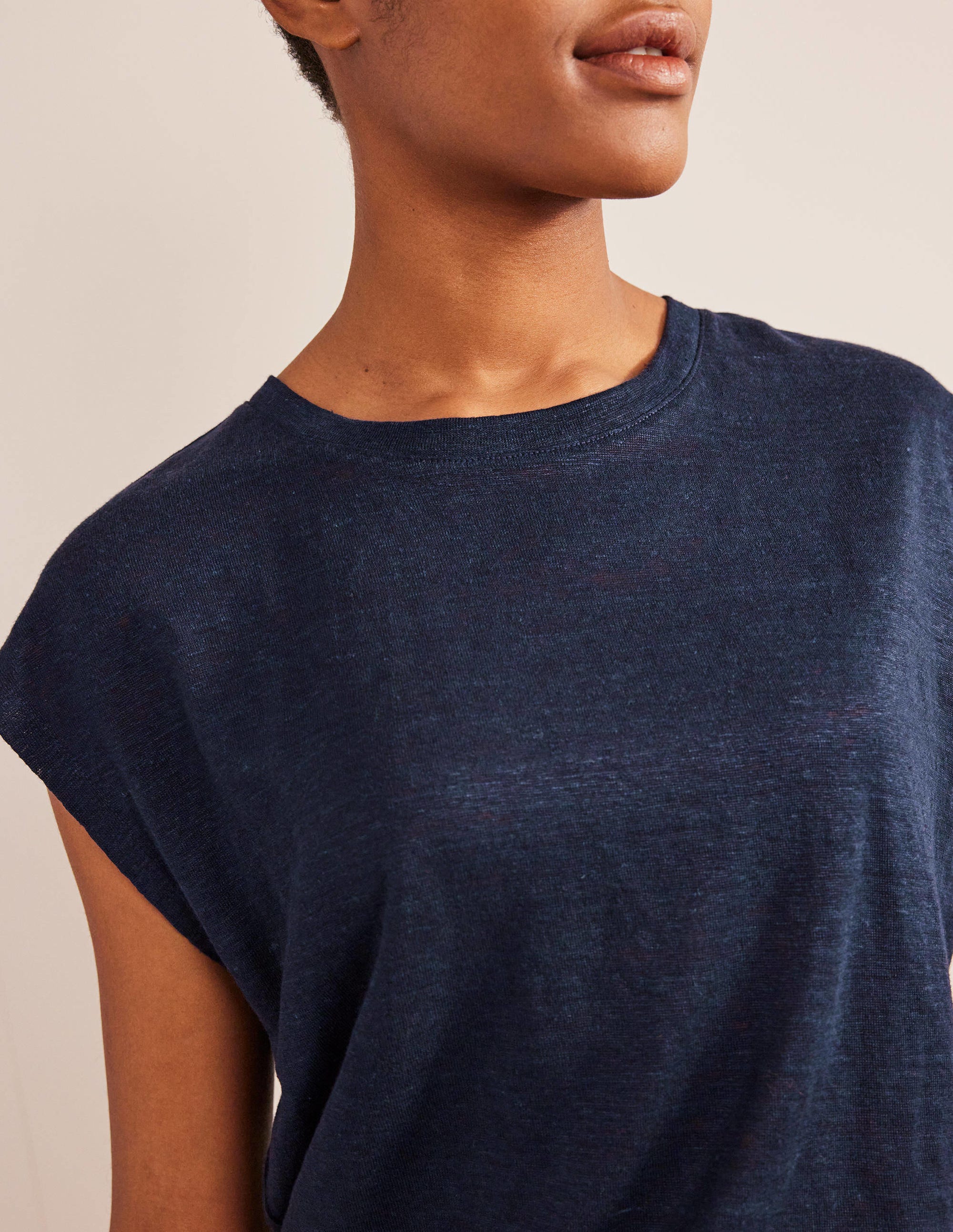 T-shirt col rond en lin-Bleu marine - Image 2