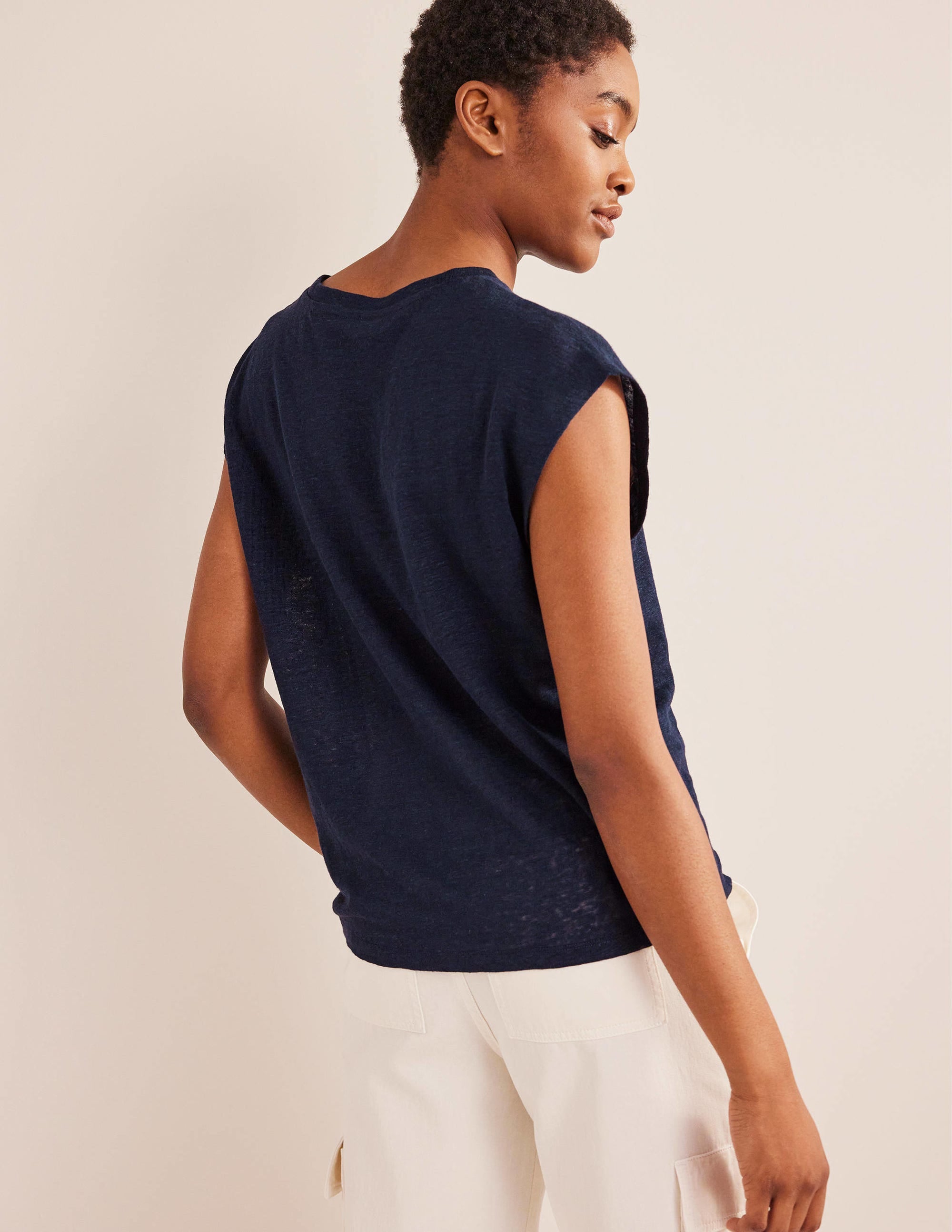 T-shirt col rond en lin-Bleu marine - Image 3